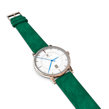 Montre pas cher / Montre élégante / Montre Mixte / Montre Intemporelle / montre à moins de 100€ / Montre 40 mm / Bracelet Daim Vert / Finitions Rose Gold / Montre couleur Blanc / Montre couleur Blanc aiguilles bleues / Montre aiguilles Bleues / Montre White Haven / Daniel Wellington / montre Daniel Wellington / Cluse / montre Cluse