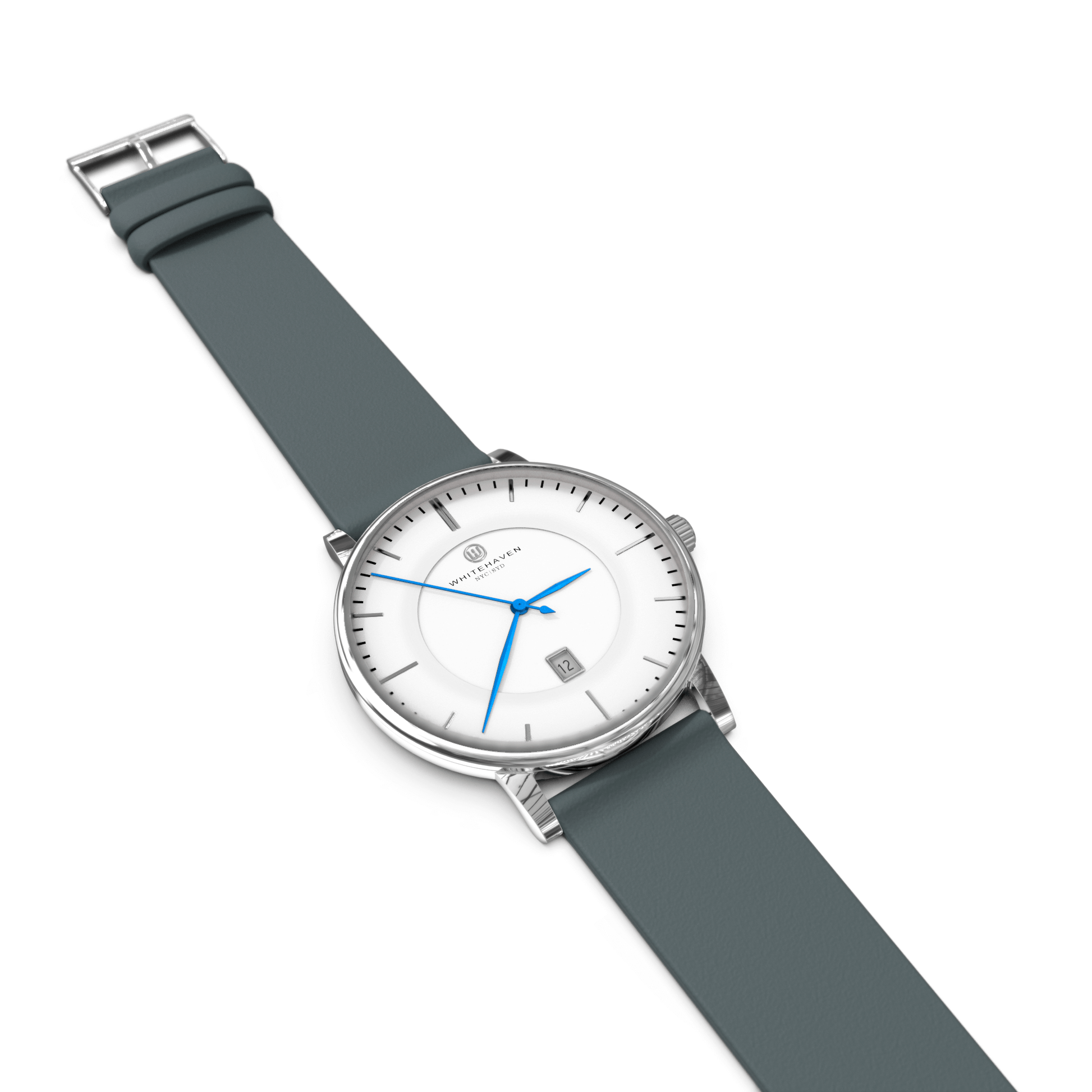 Montre Whitehaven Darling à plat avec boîtier argent, cadran blanc, bracelet en cuir couleur bleu gris et aiguilles bleues
