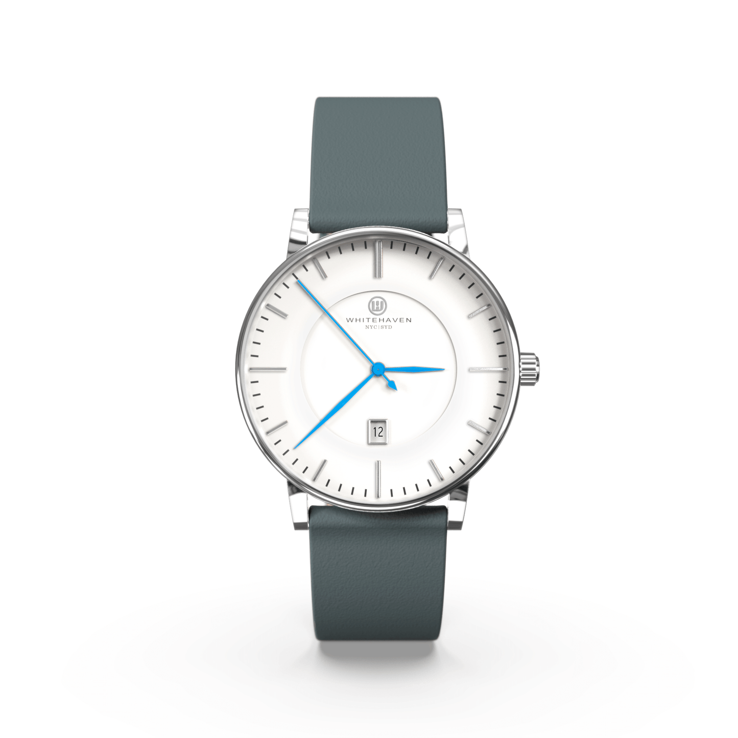 Montre femme Darling Whitehaven avec cadran blanc, boîtier finition argent, bracelet en cuir couleur bleu gris et aiguilles bleues – vue de face
