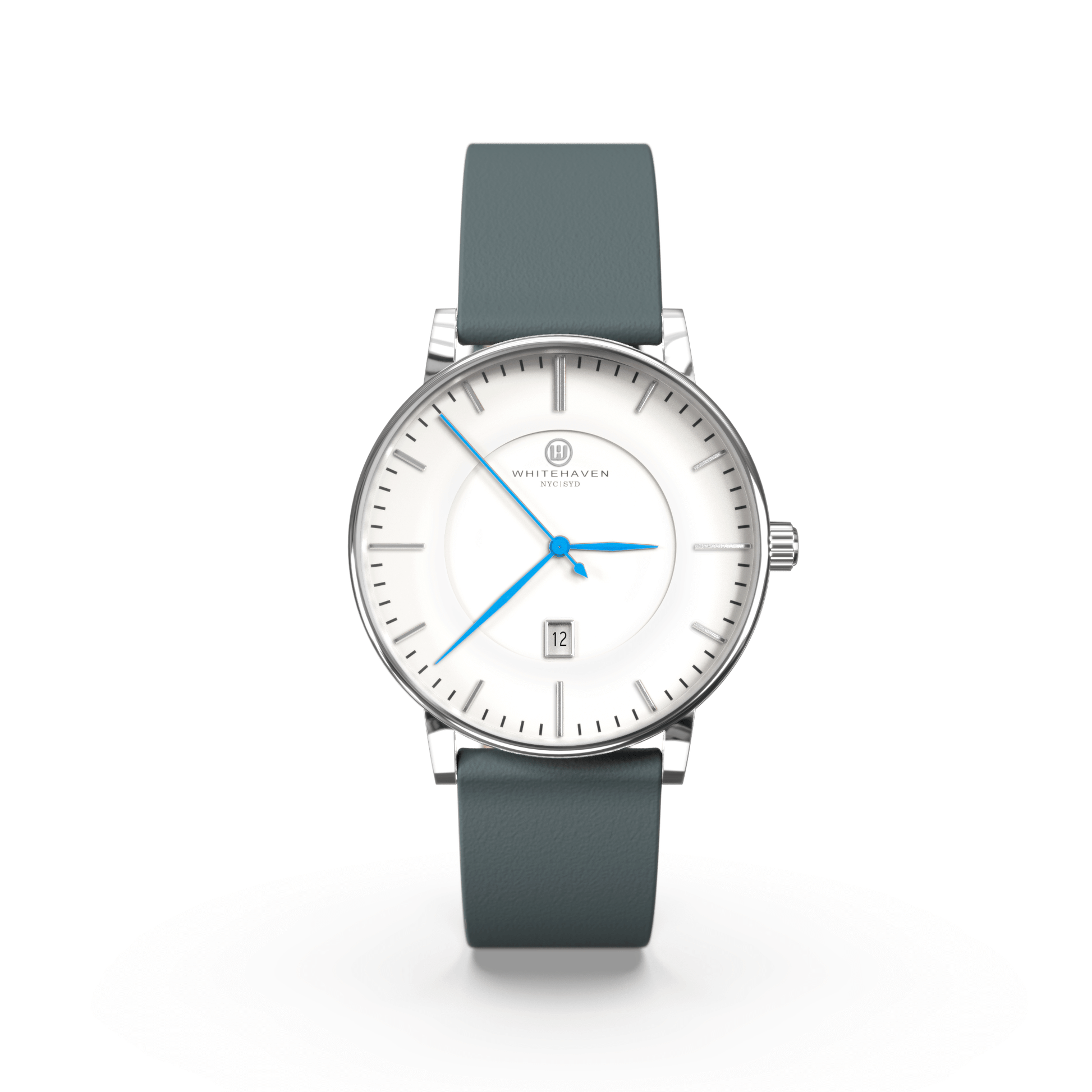 Montre femme Darling Whitehaven avec cadran blanc, boîtier finition argent, bracelet en cuir couleur bleu gris et aiguilles bleues – vue de face