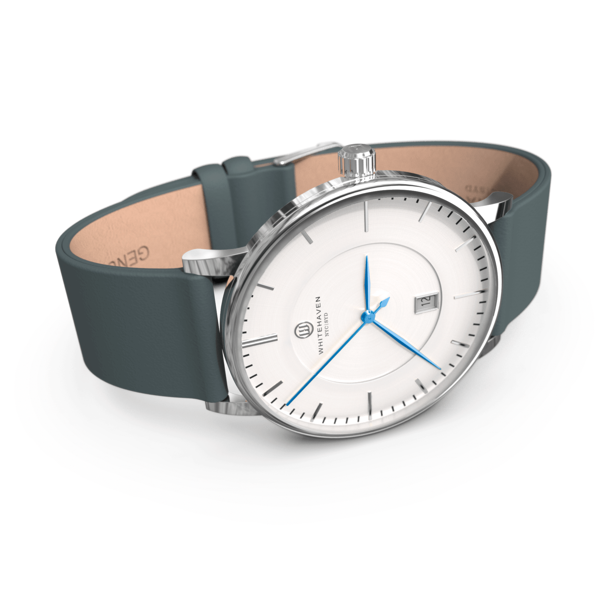 Montre Whitehaven modèle Darling vue de côté, boîtier finition argent, cadran blanc, bracelet en cuir bleu gris et aiguilles bleues