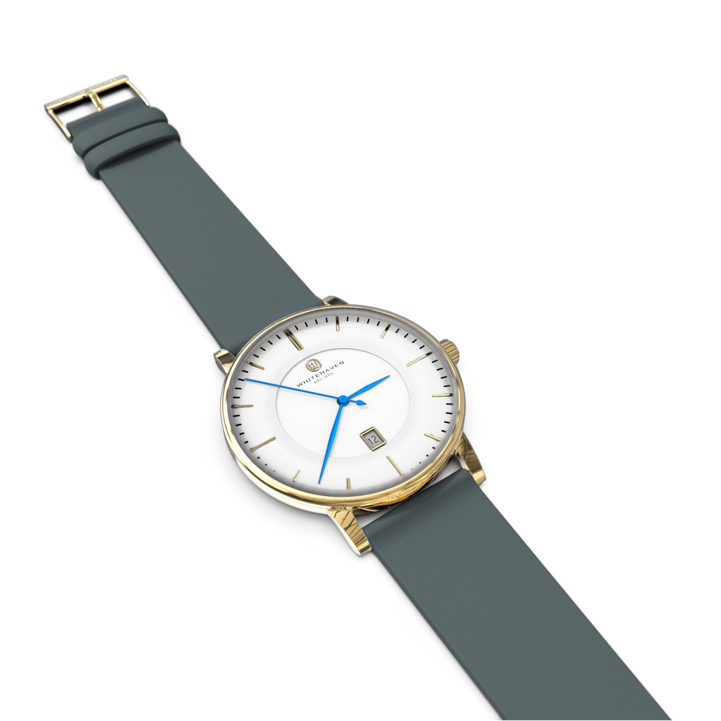 Montre Whitehaven Darling à plat avec boîtier finition or, cadran blanc, bracelet en cuir couleur bleu gris et aiguilles bleues