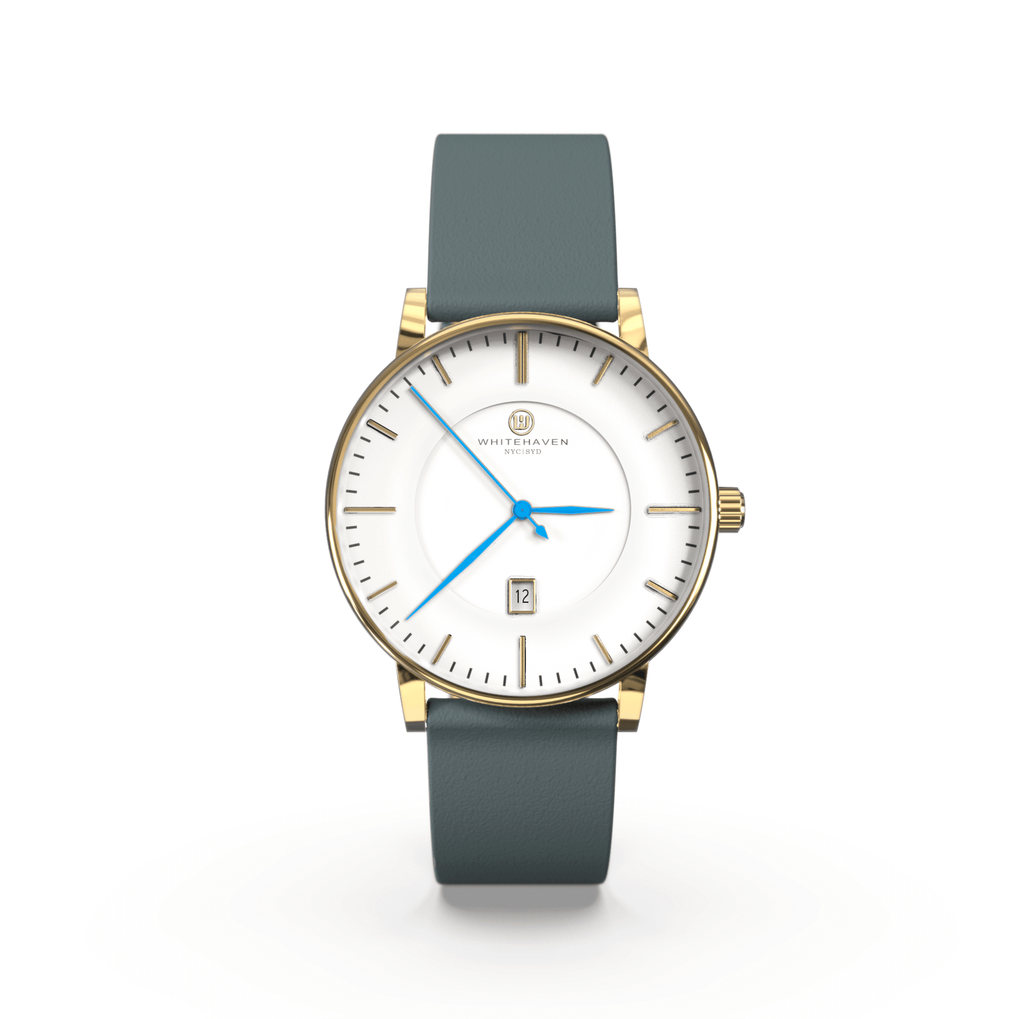 Montre femme Darling Whitehaven avec cadran blanc, boîtier finition or, bracelet en cuir couleur bleu gris et aiguilles bleues – vue de face