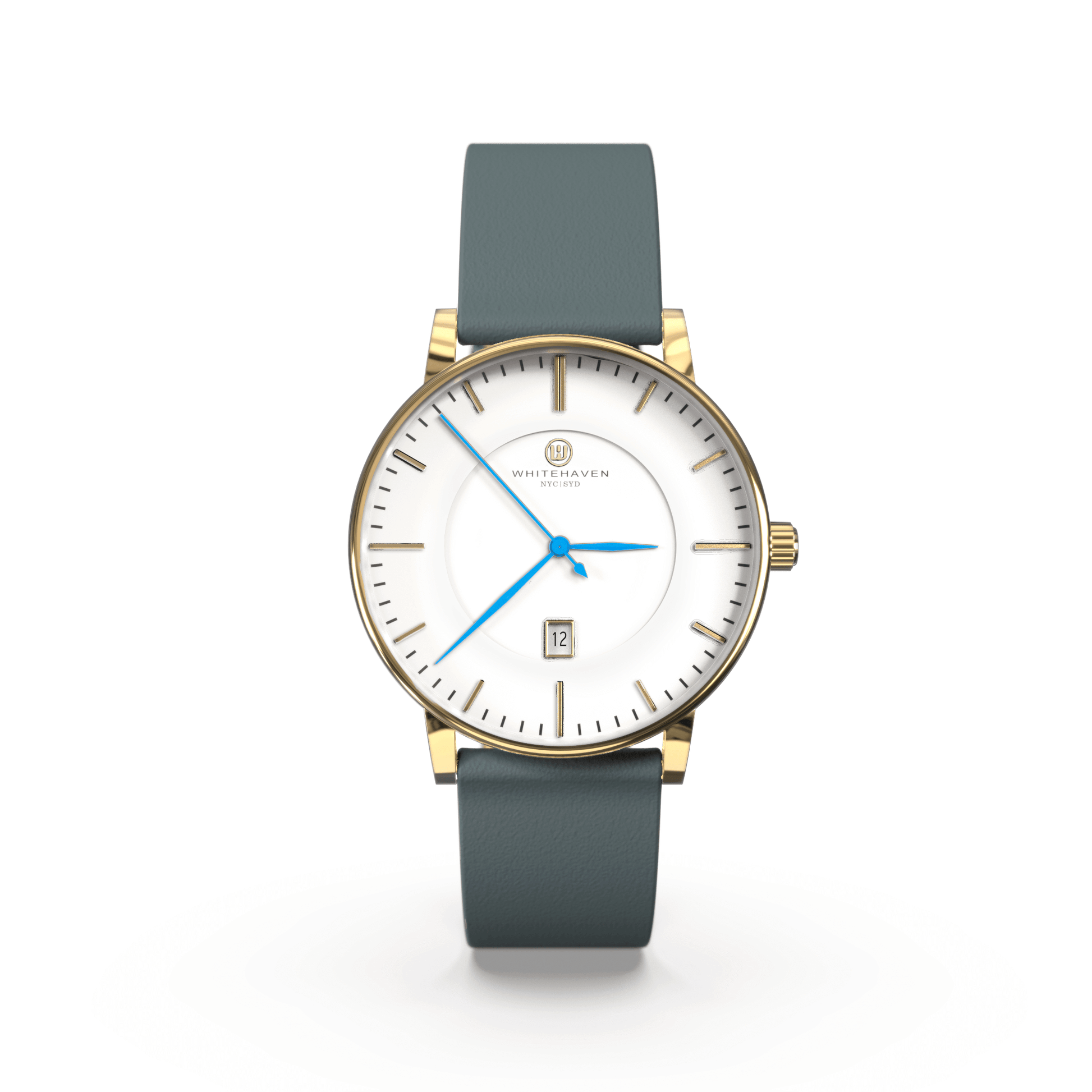 Montre femme Darling Whitehaven avec cadran blanc, boîtier finition or, bracelet en cuir couleur bleu gris et aiguilles bleues – vue de face