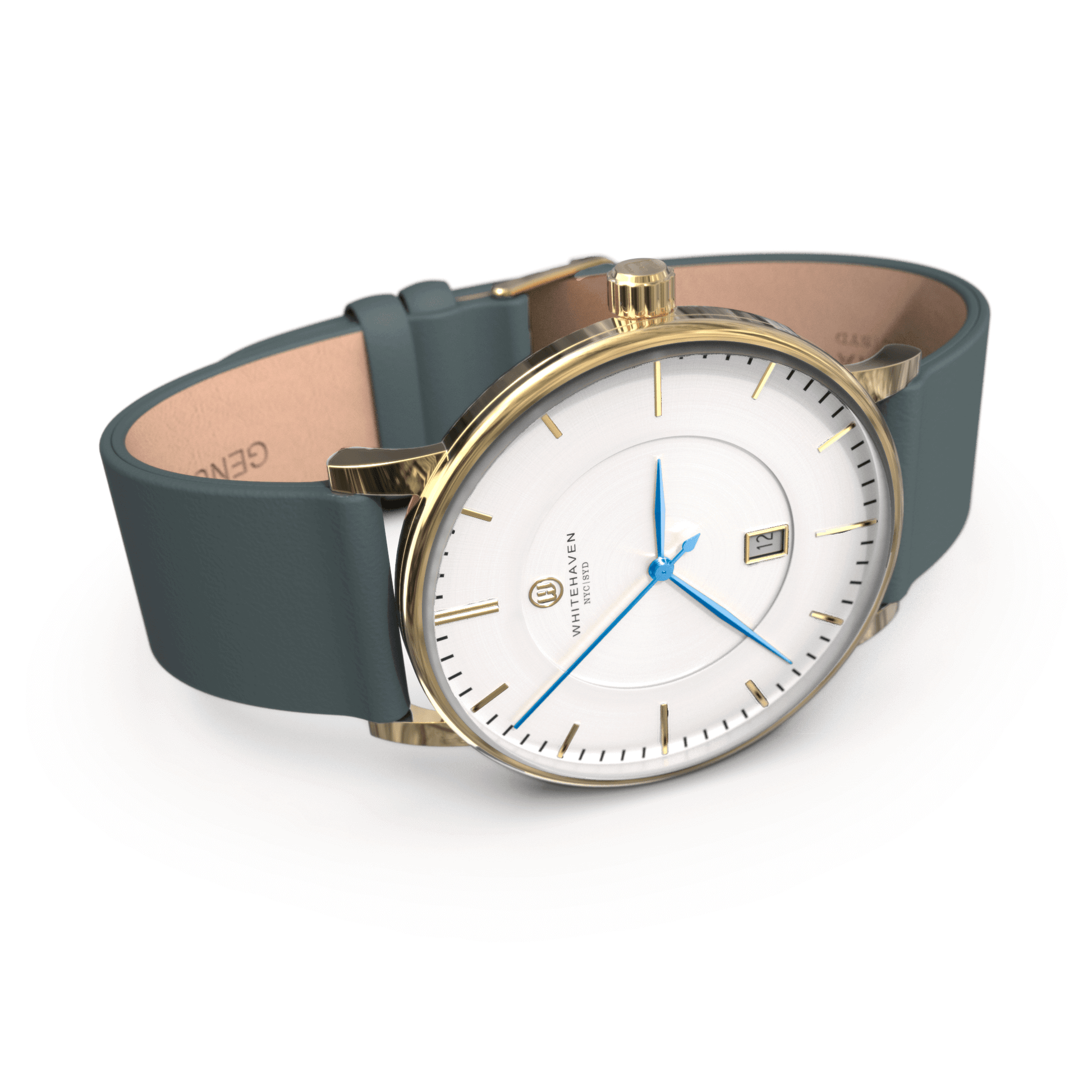 Montre Whitehaven modèle Darling vue de côté, boîtier or, cadran blanc, bracelet en cuir bleu gris et aiguilles bleues