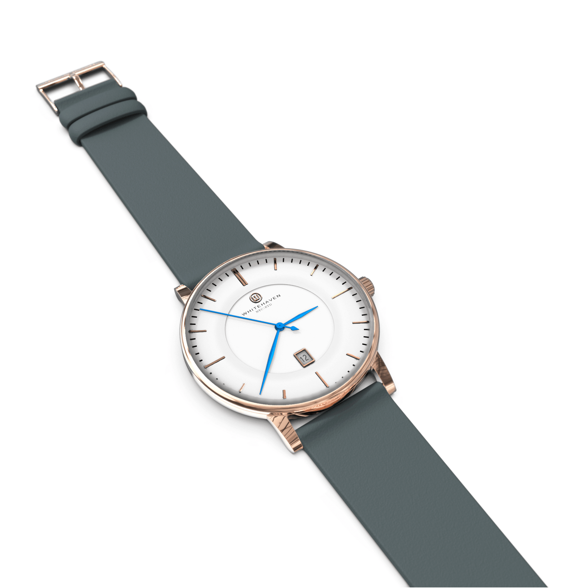 Vue à plat de la montre Darling Whitehaven avec boîtier or rose, bracelet en cuir bleu gris et cadran blanc
