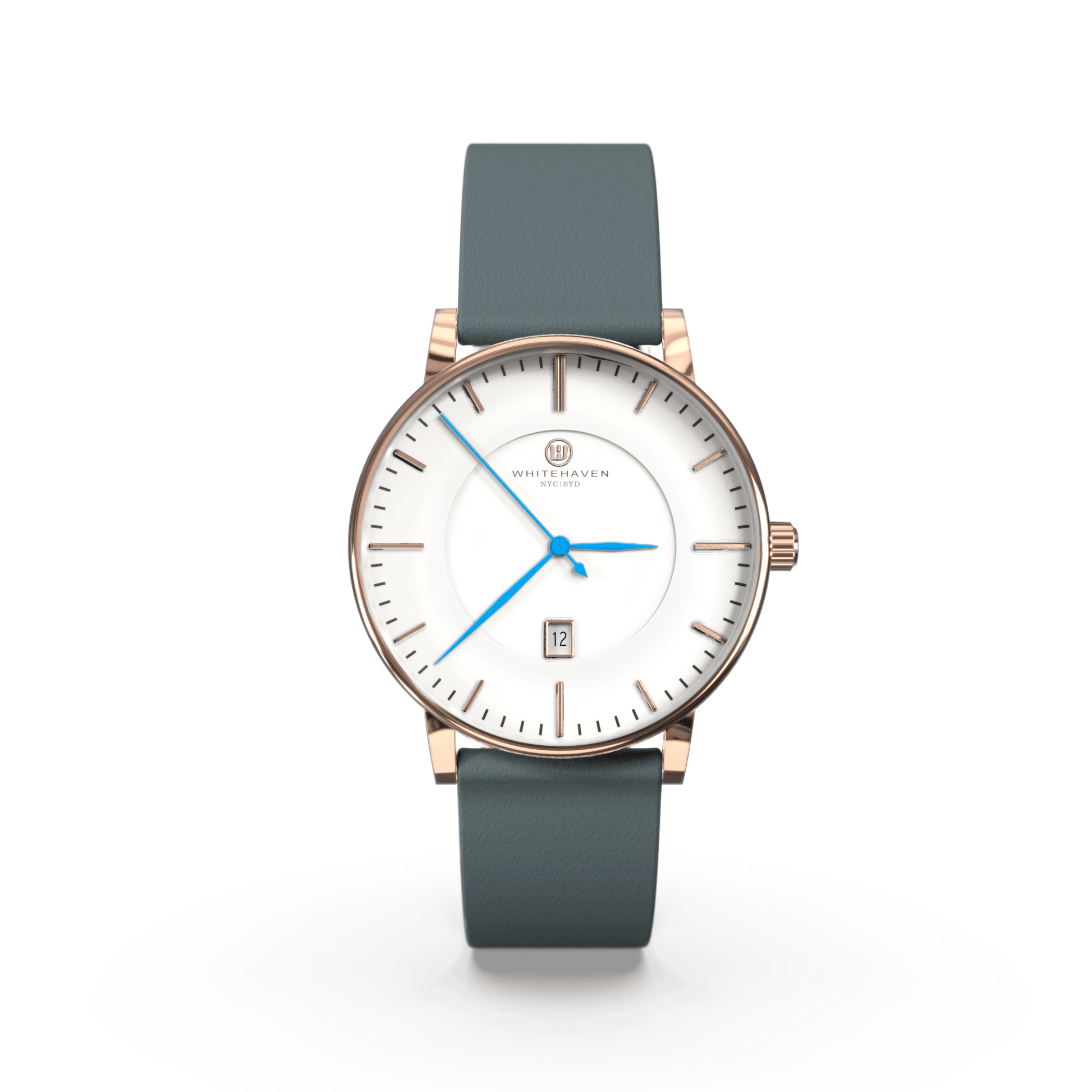 Montre femme Darling Whitehaven avec cadran blanc, boîtier finition or rose, bracelet en cuir couleur bleu gris et aiguilles bleues – vue de face