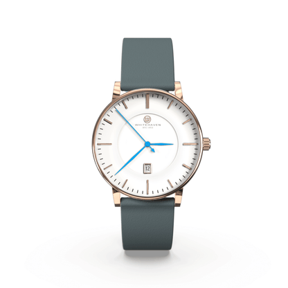 Montre femme Darling Whitehaven avec cadran blanc, boîtier finition or rose, bracelet en cuir couleur bleu gris et aiguilles bleues – vue de face