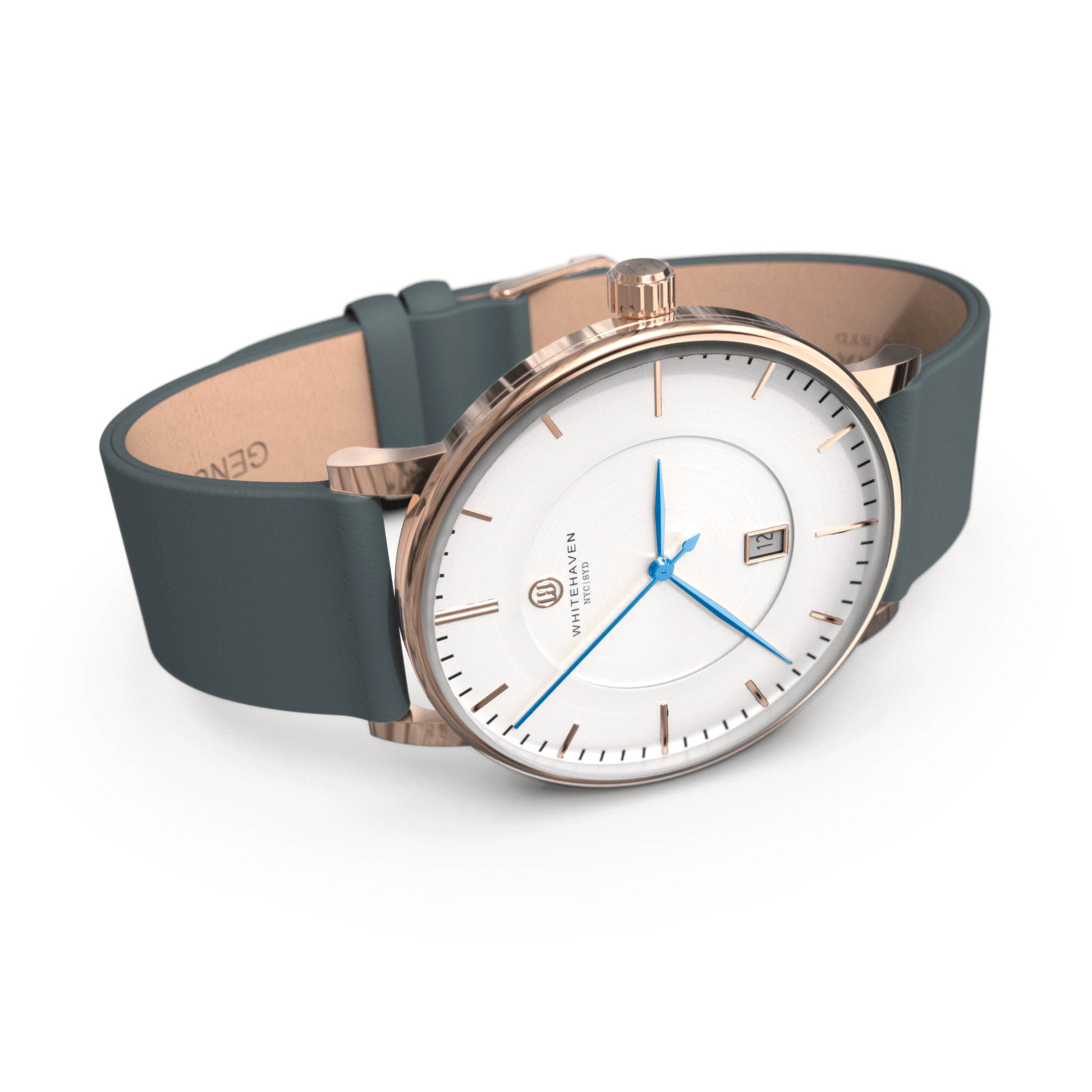 Montre Whitehaven modèle Darling vue de profil, boîtier or rose, cadran blanc, bracelet cuir bleu gris et aiguilles bleues