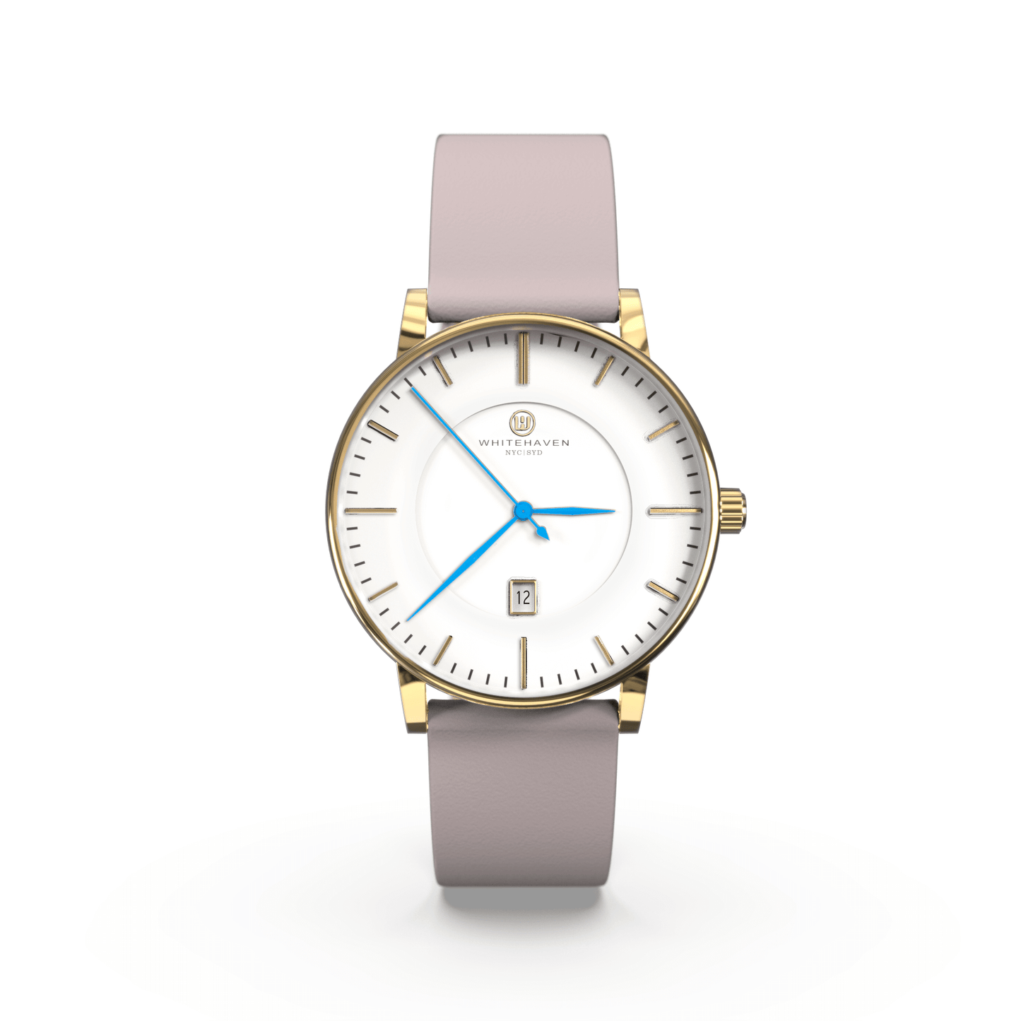 Montre femme Darling Whitehaven avec cadran blanc, boîtier finition or, bracelet en cuir couleur gris pâle et aiguilles bleues – vue de face