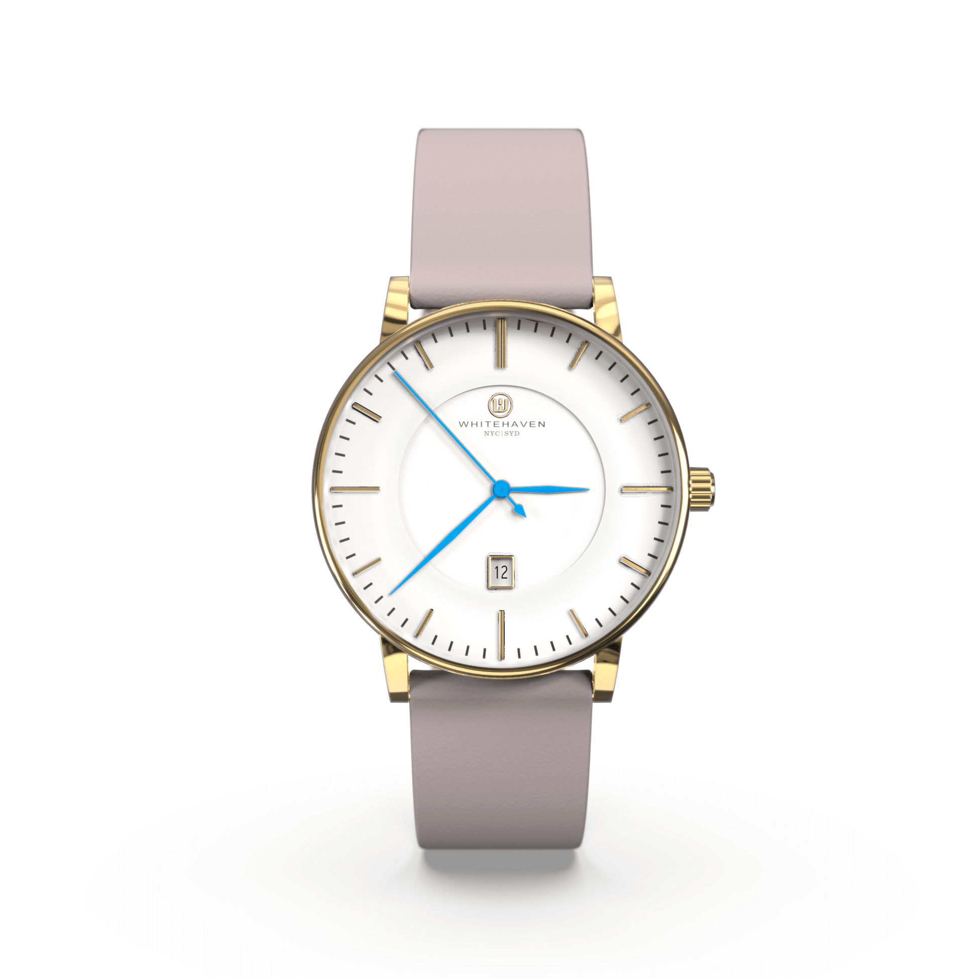 Montre femme Darling Whitehaven avec cadran blanc, boîtier finition or, bracelet en cuir couleur gris pâle et aiguilles bleues – vue de face