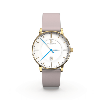 Montre femme Darling Whitehaven avec cadran blanc, boîtier finition or, bracelet en cuir couleur gris pâle et aiguilles bleues – vue de face