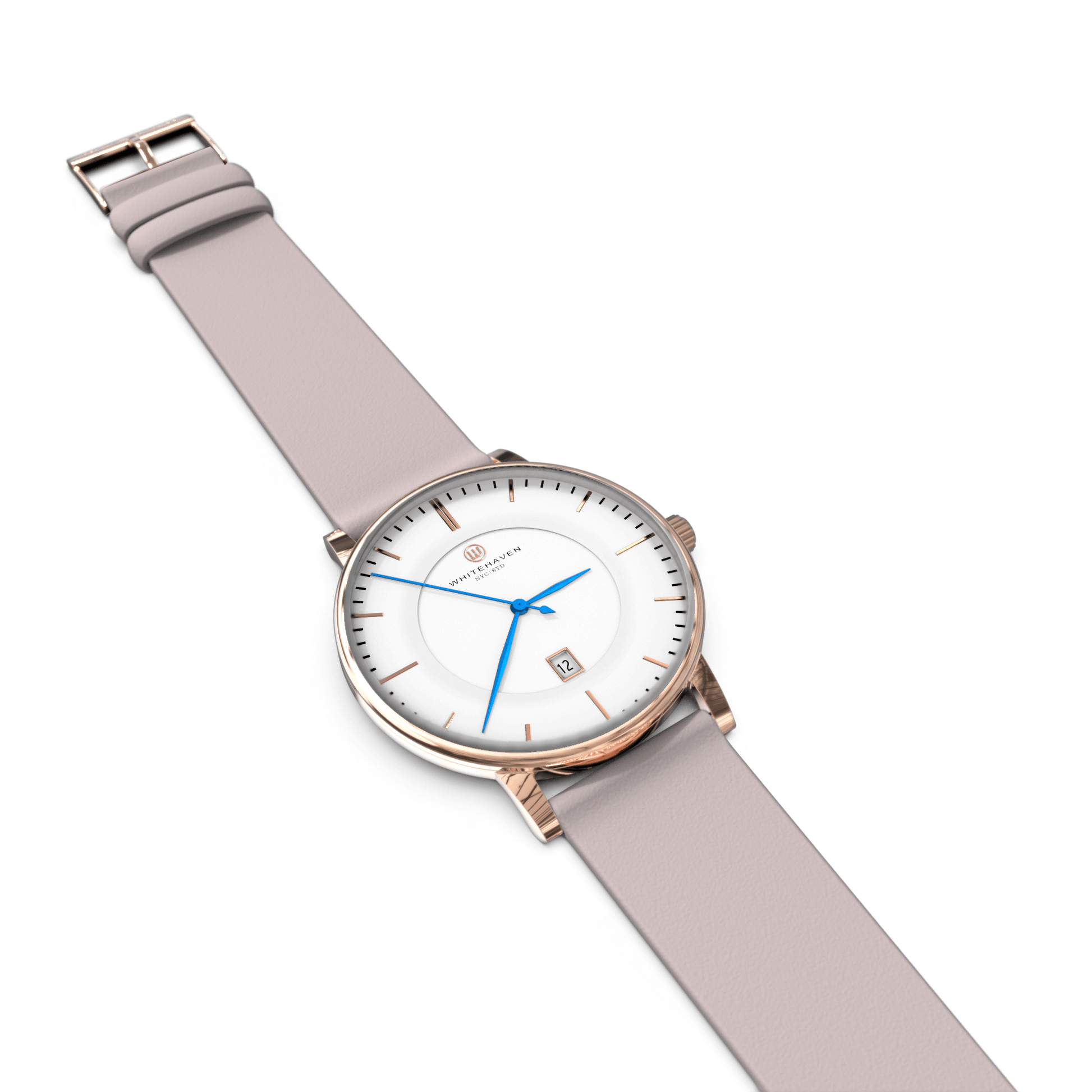 Vue à plat de la montre Darling Whitehaven avec boîtier or rose, cadran blanc et bracelet en cuir gris pâle