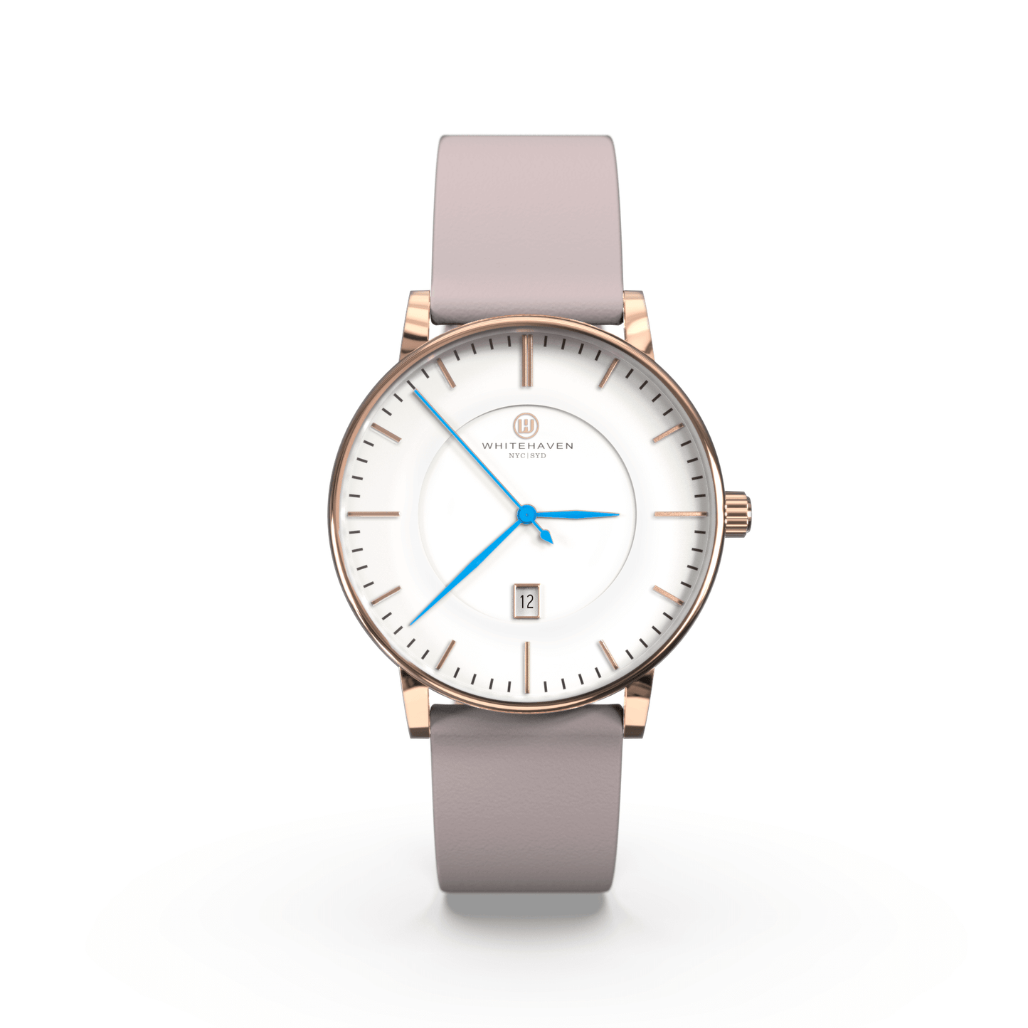 Montre femme Darling Whitehaven avec cadran blanc, boîtier finition or rose, bracelet en cuir couleur gris pâle et aiguilles bleues – vue de face
