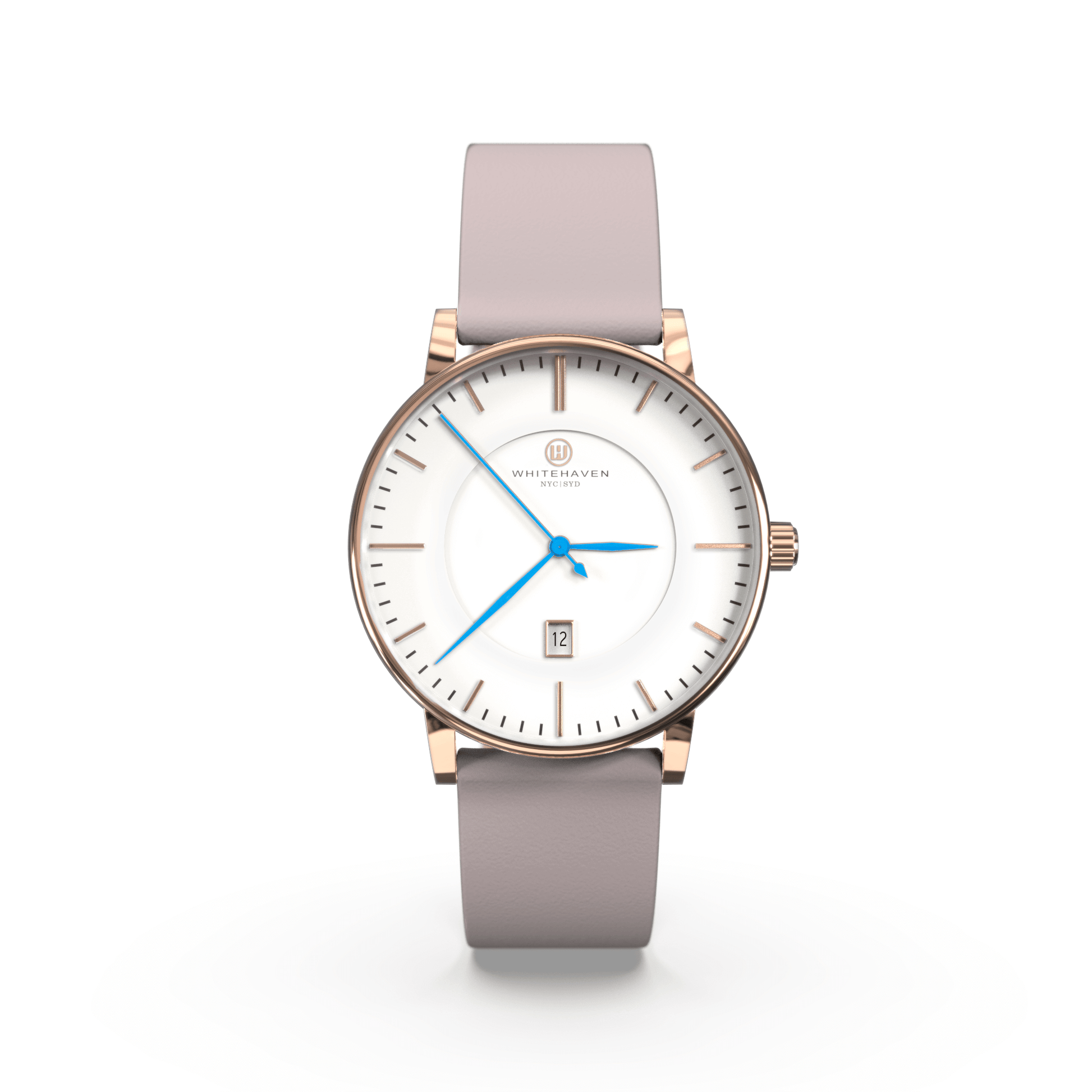 Montre femme Darling Whitehaven avec cadran blanc, boîtier finition or rose, bracelet en cuir couleur gris pâle et aiguilles bleues – vue de face
