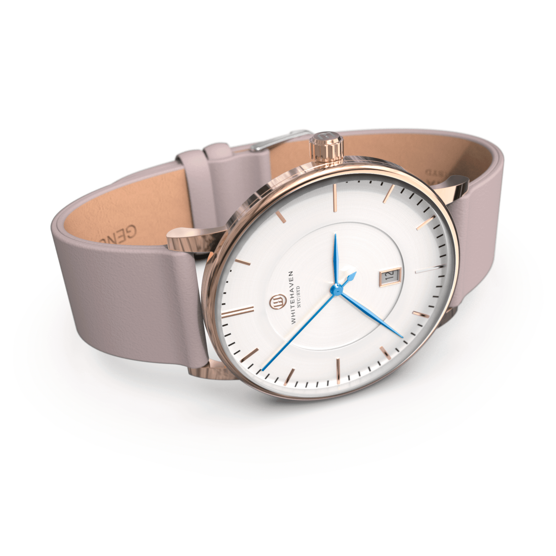 Montre Whitehaven modèle Darling vue de profil, boîtier or rose, cadran blanc, bracelet en cuir gris pâle et aiguilles bleues
