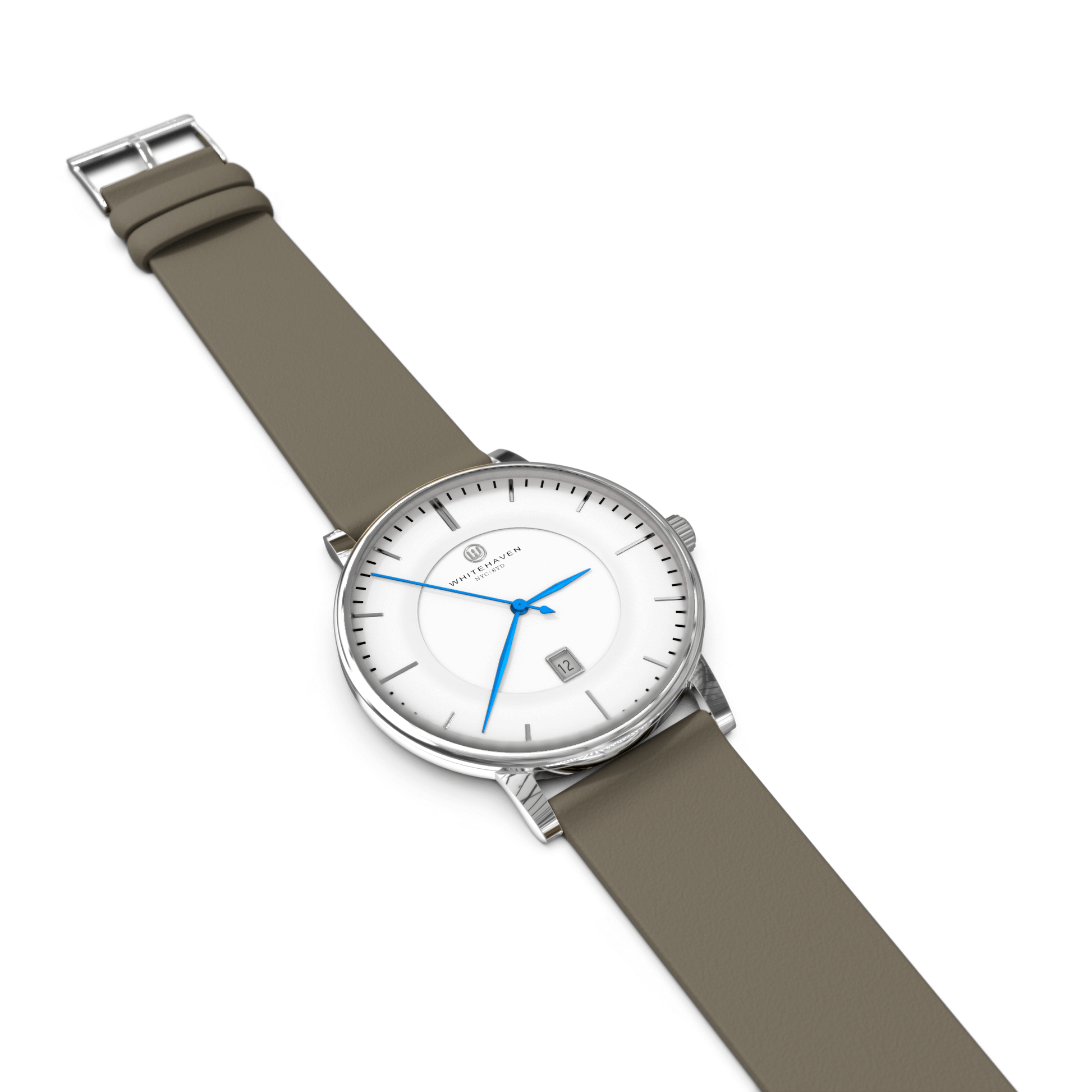 Montre Whitehaven Darling posée à plat avec bracelet en cuir couleur kaki, cadran blanc, aiguilles bleues et boîtier finition argent