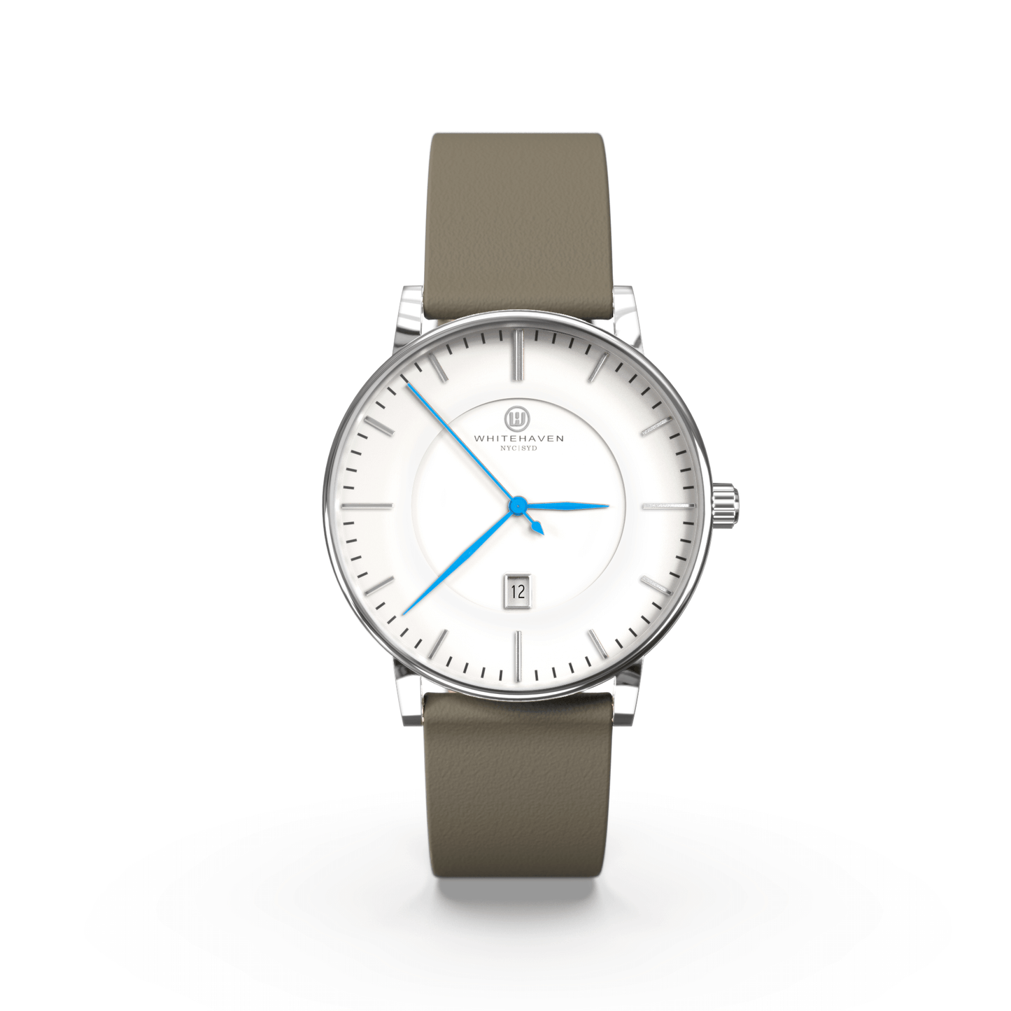 Montre femme Darling Whitehaven avec cadran blanc, boîtier finition argent, bracelet en cuir couleur kaki et aiguilles bleues – vue de face
