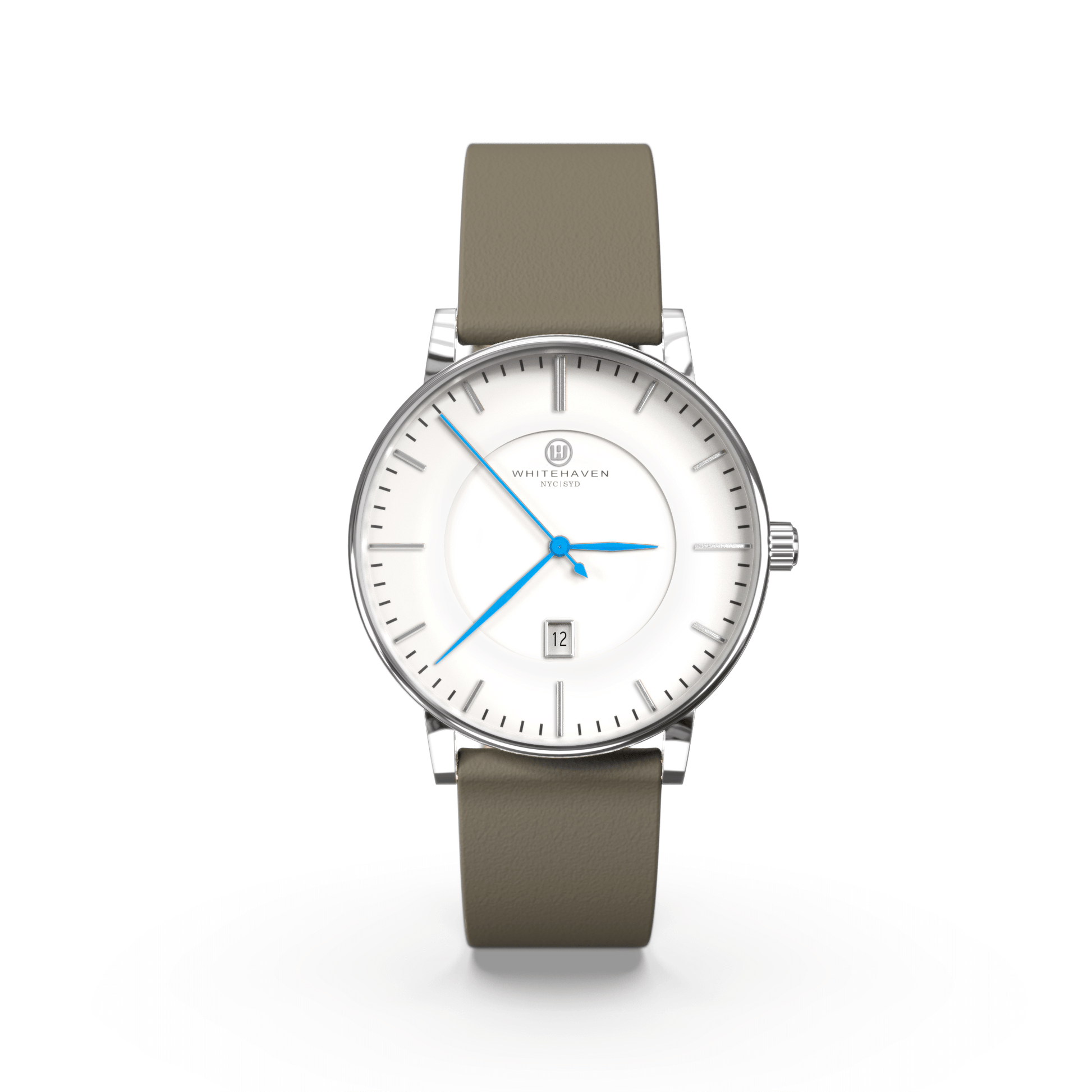 Montre femme Darling Whitehaven avec cadran blanc, boîtier finition argent, bracelet en cuir couleur kaki et aiguilles bleues – vue de face