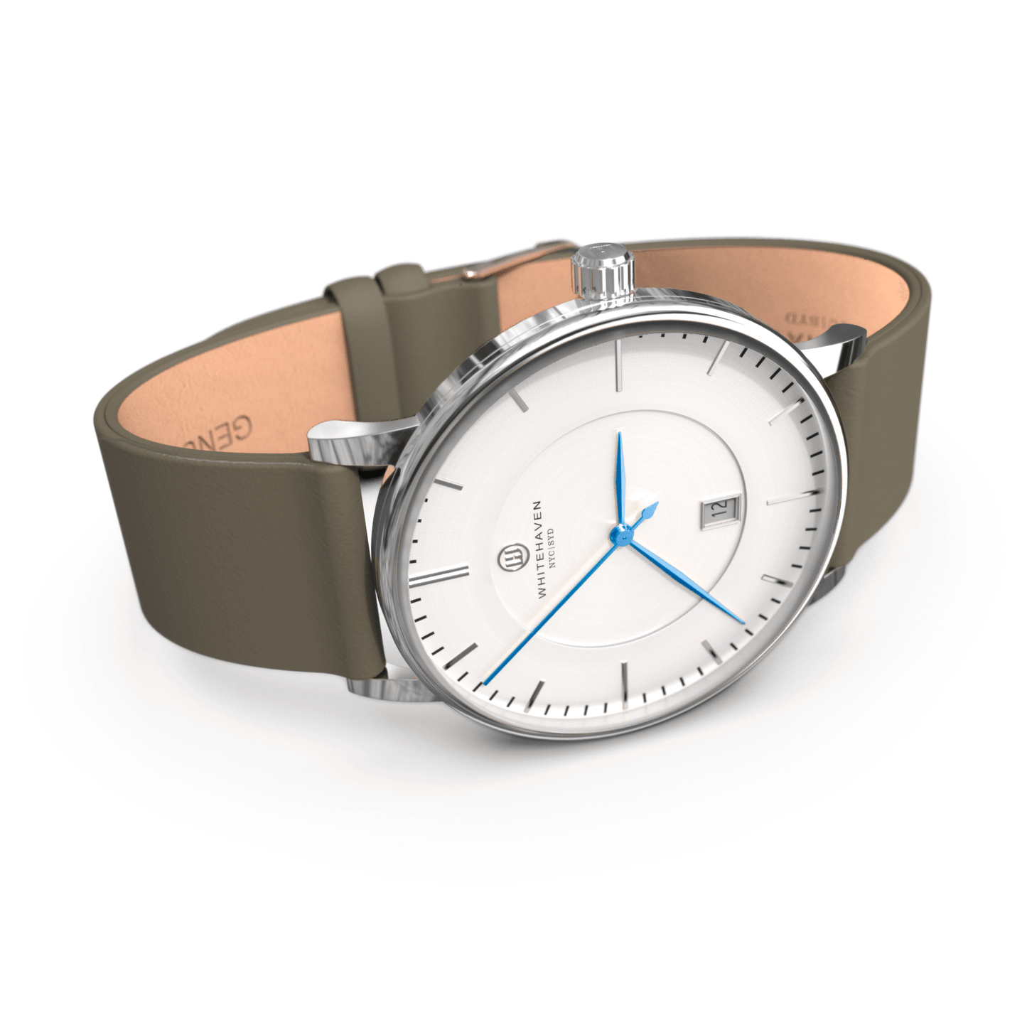 Montre Whitehaven modèle Darling vue de côté, boîtier argenté, cadran blanc, bracelet en cuir couleur kaki et aiguilles bleues