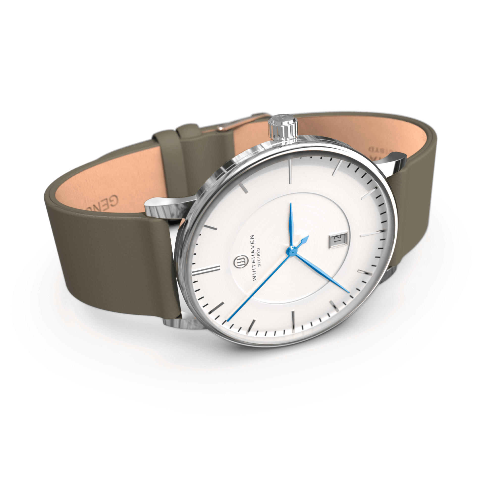 Montre Whitehaven modèle Darling vue de côté, boîtier argenté, cadran blanc, bracelet en cuir couleur kaki et aiguilles bleues
