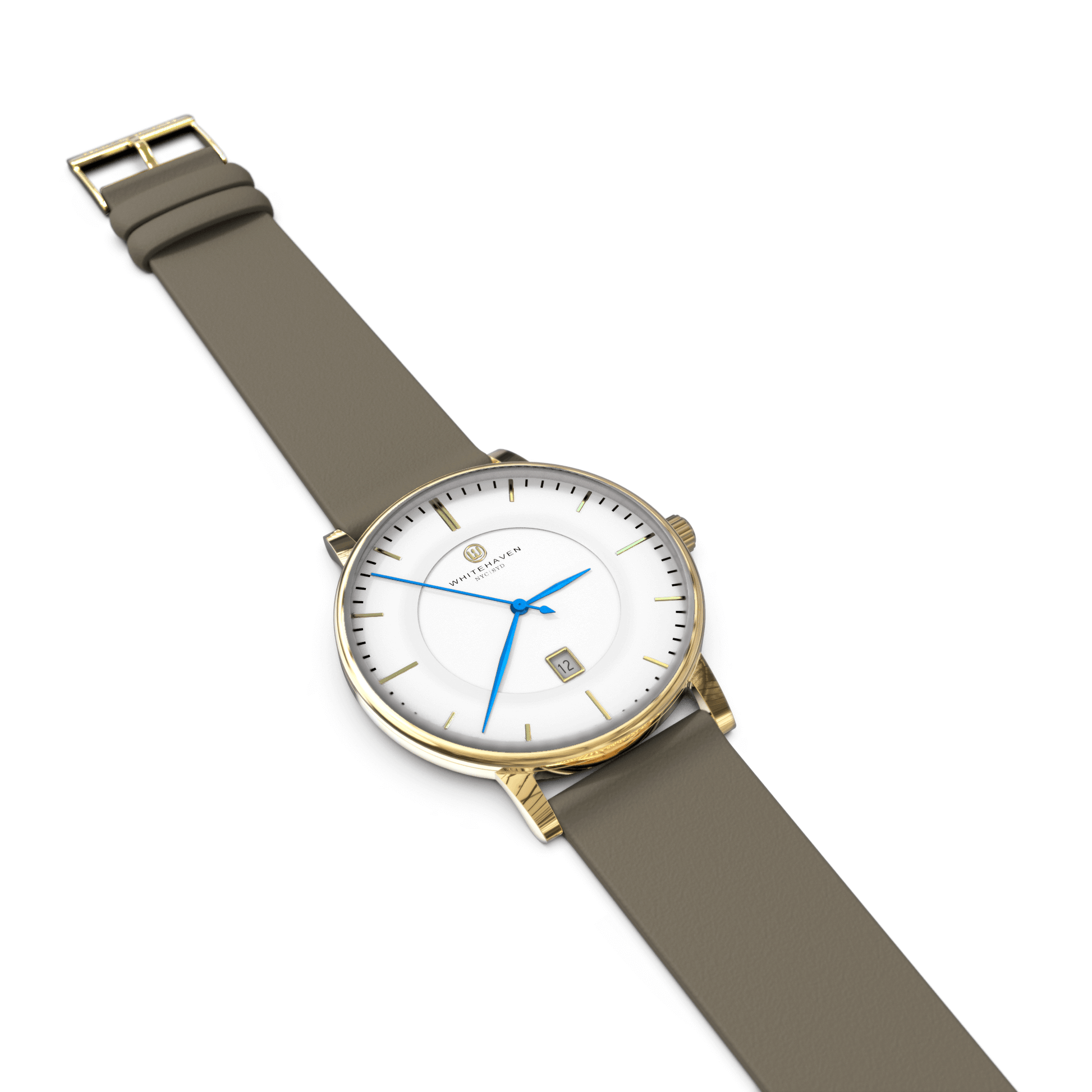 Montre Whitehaven Darling à plat avec boîtier doré, cadran blanc, bracelet en cuir couleur kaki et aiguilles bleues