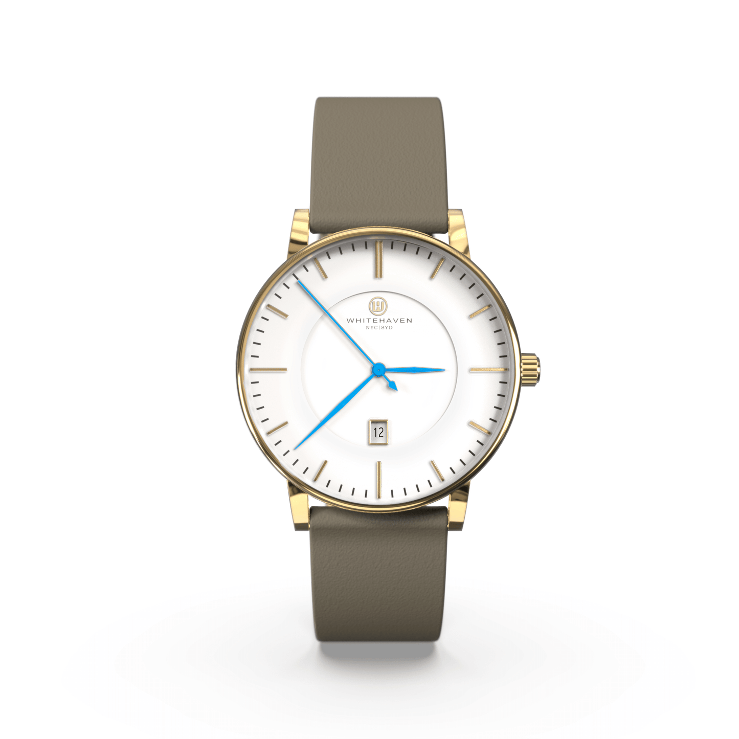 Montre femme Darling Whitehaven avec cadran blanc, boîtier finition or, bracelet en cuir couleur kaki et aiguilles bleues – vue de face