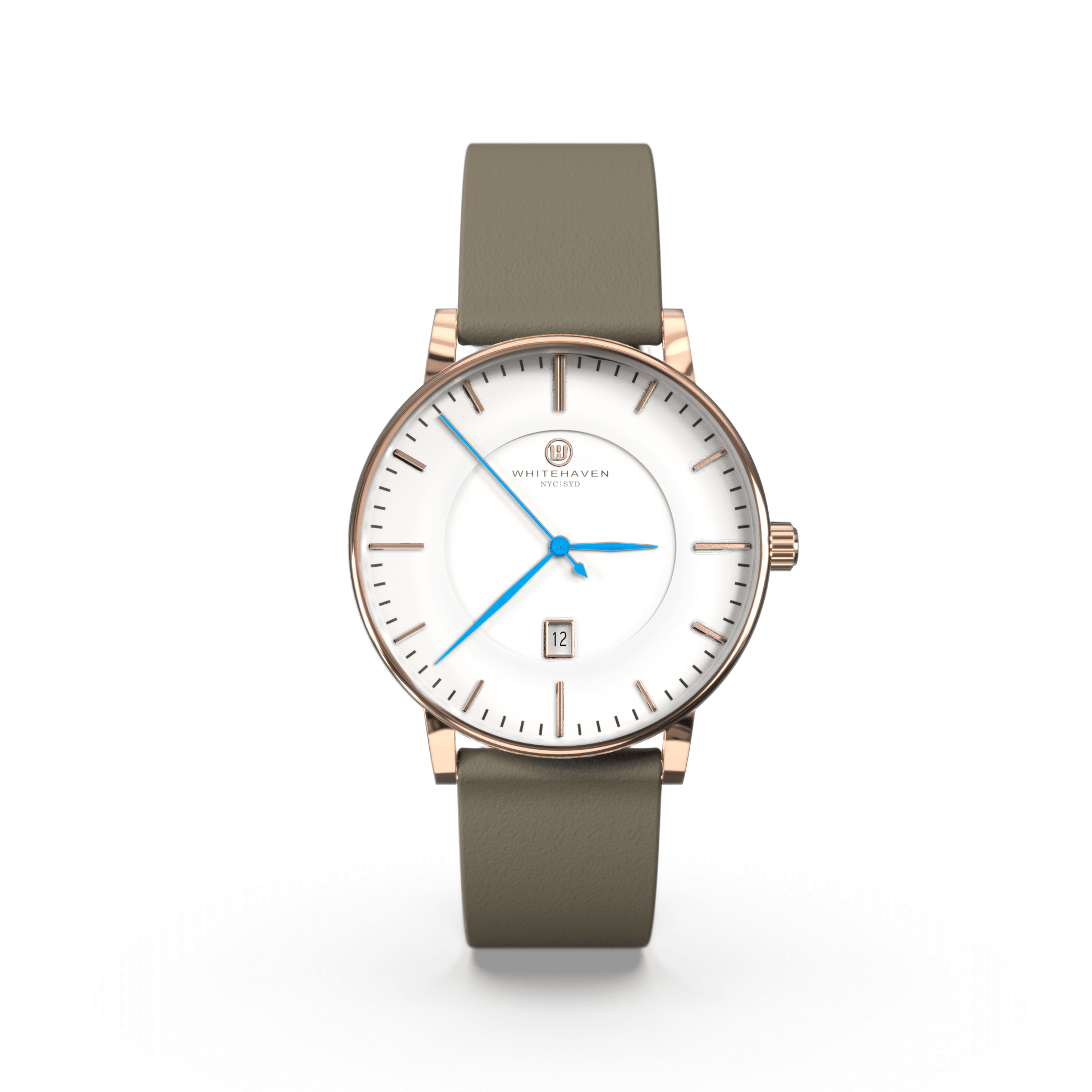 Montre femme Darling Whitehaven avec cadran blanc, boîtier finition or rose, bracelet en cuir couleur kaki et aiguilles bleues – vue de face