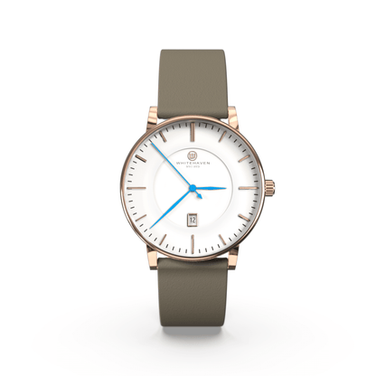 Montre femme Darling Whitehaven avec cadran blanc, boîtier finition or rose, bracelet en cuir couleur kaki et aiguilles bleues – vue de face