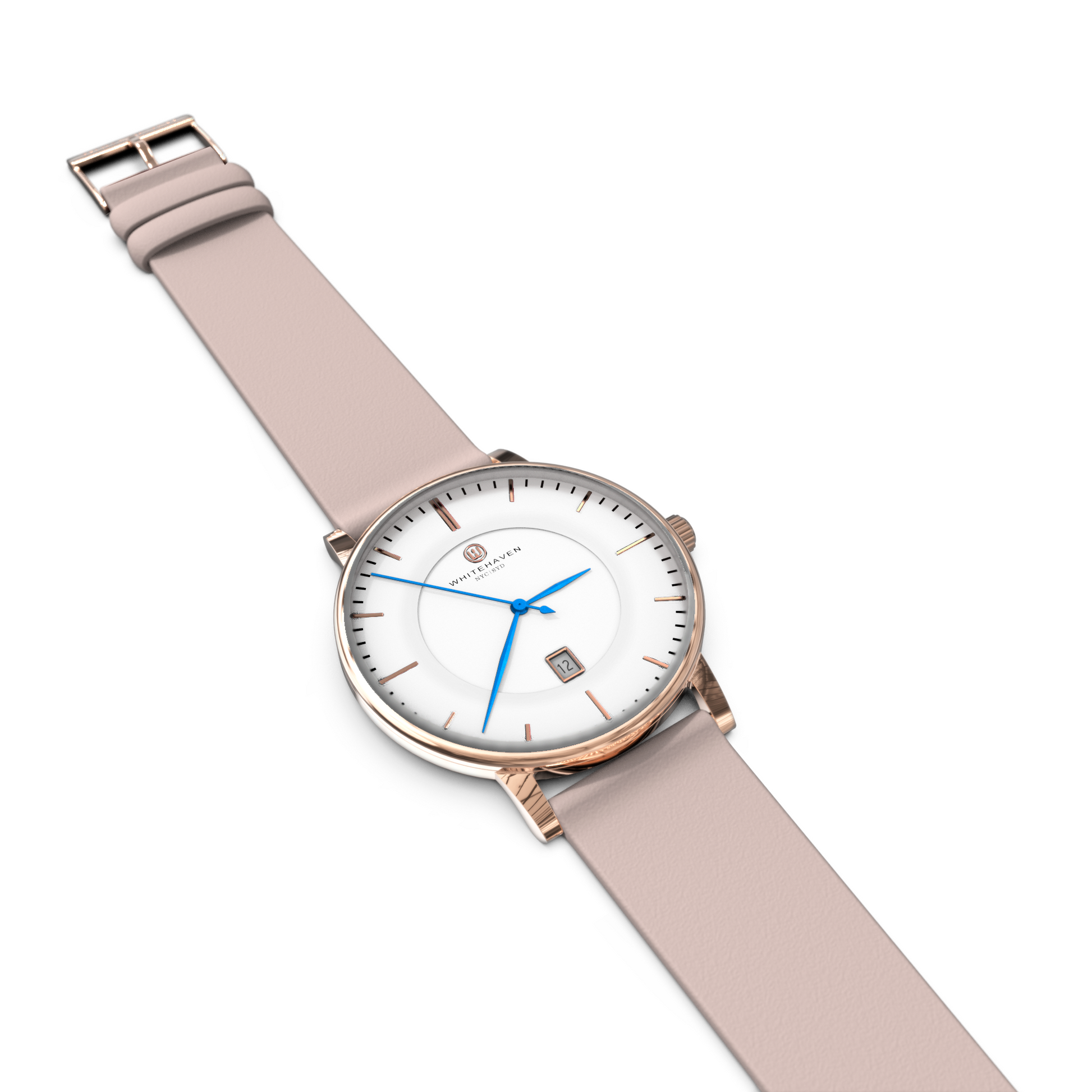 Montre femme Whitehaven Darling posée à plat, avec bracelet en cuir couleur rose pâle, cadran blanc et boîtier finition rose gold