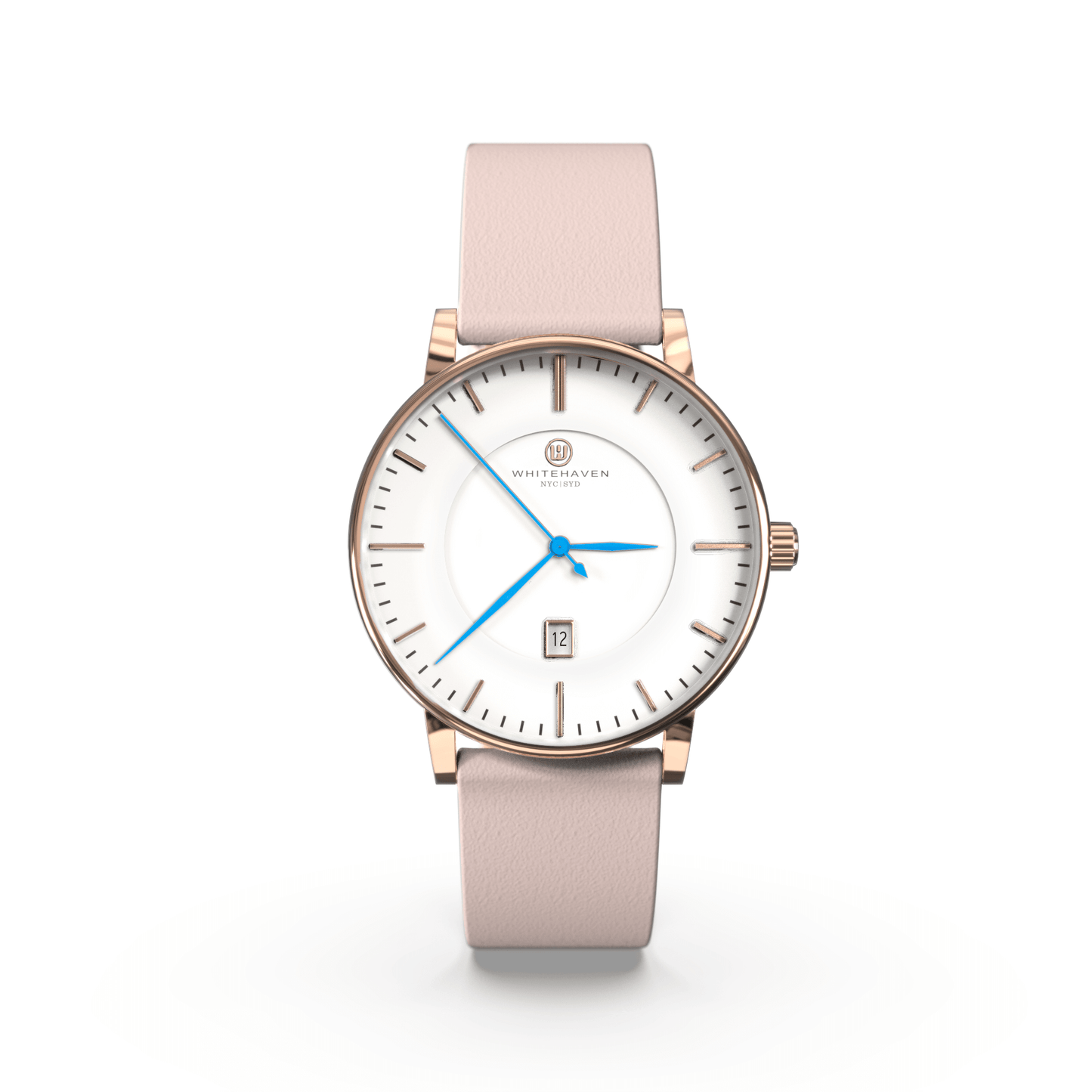 Montre femme Darling Whitehaven avec cadran blanc, boîtier finition rose gold, bracelet en cuir couleur rose pâle et aiguilles bleues – vue de face