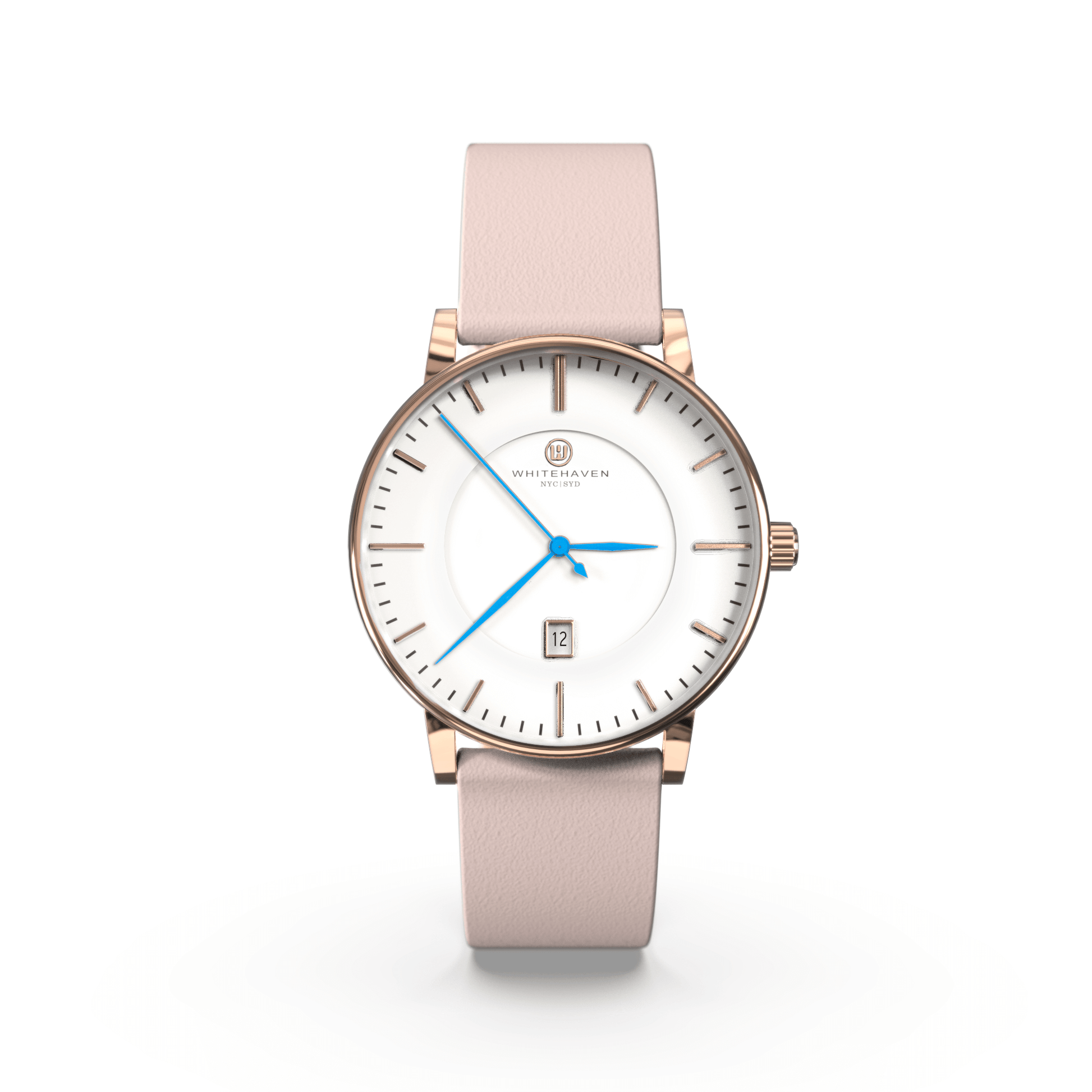 Montre femme Darling Whitehaven avec cadran blanc, boîtier finition rose gold, bracelet en cuir couleur rose pâle et aiguilles bleues – vue de face