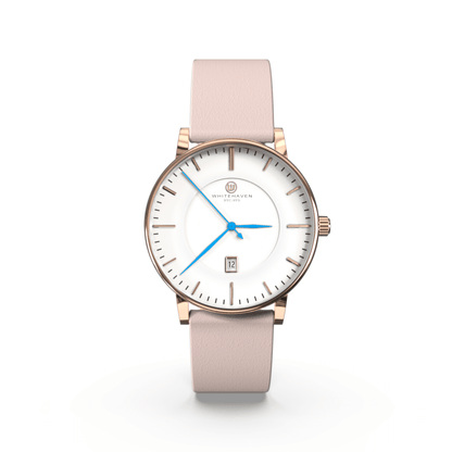 Montre femme Darling Whitehaven avec cadran blanc, boîtier finition rose gold, bracelet en cuir couleur rose pâle et aiguilles bleues – vue de face