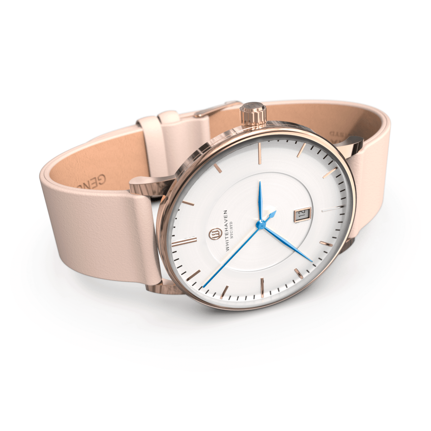 Montre pour femme Darling Whitehaven avec bracelet en cuir couleur rose pâle, cadran blanc et boîtier rose gold – vue de trois-quarts