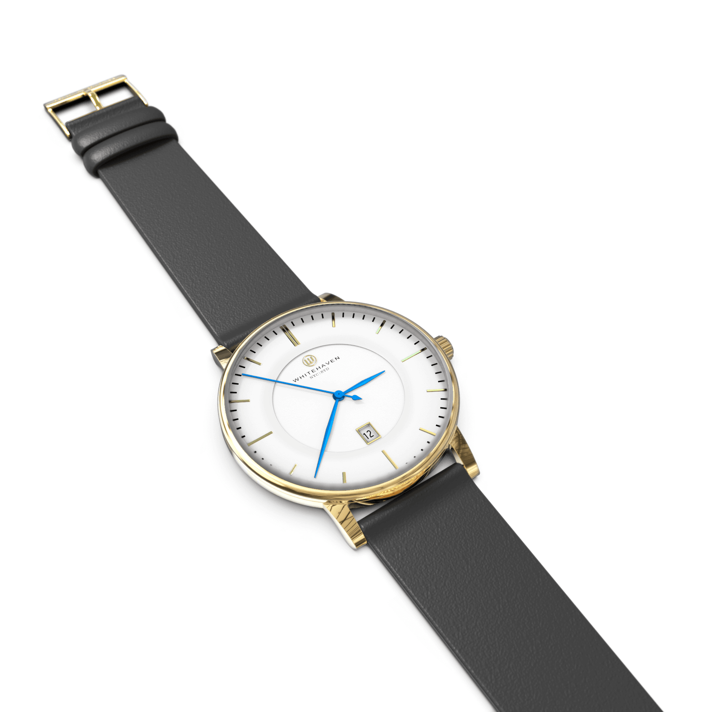 Vue à plat de la montre Darling Whitehaven avec boîtier doré, cadran blanc et bracelet en cuir noir