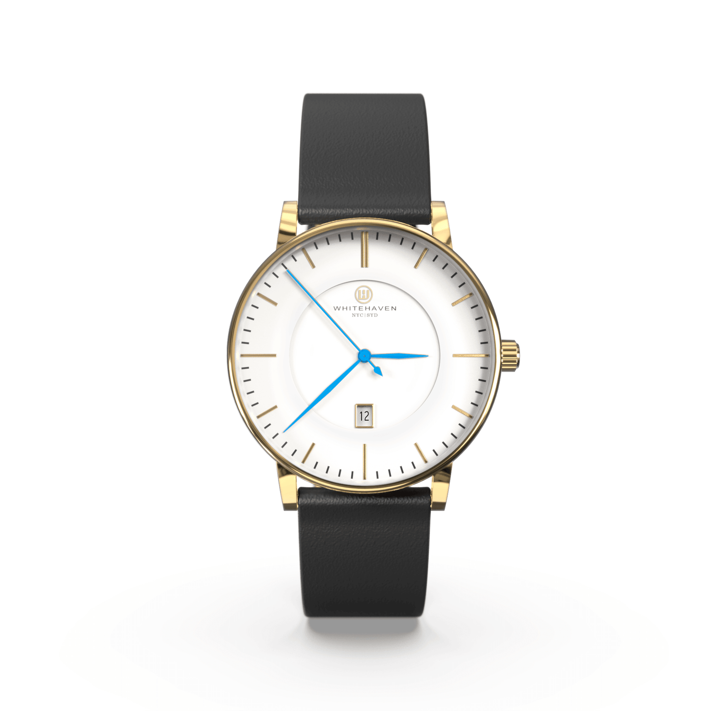 Montre femme Darling Whitehaven avec cadran blanc, boîtier finition or, bracelet en cuir noir et aiguilles bleues – vue de face