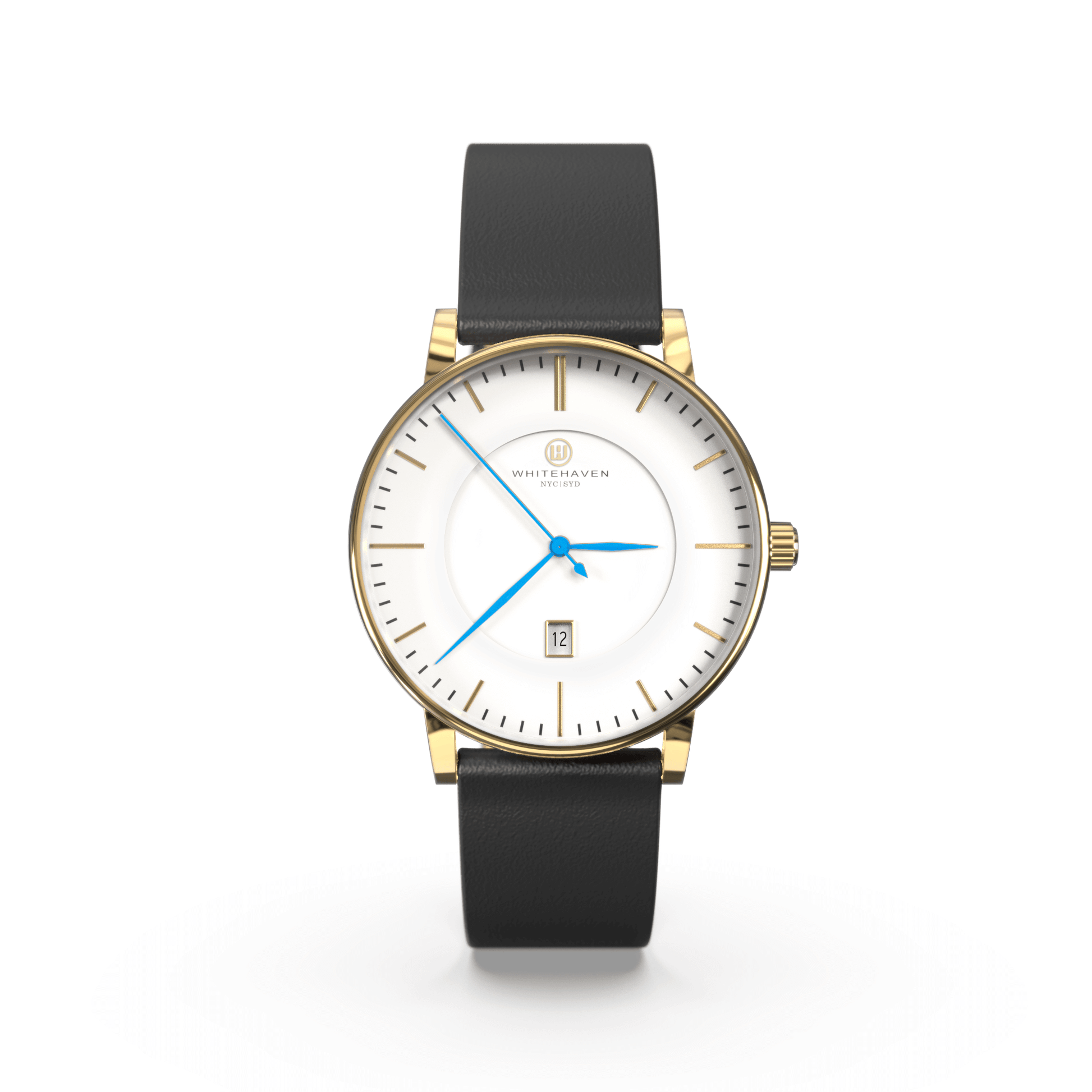 Montre femme Darling Whitehaven avec cadran blanc, boîtier finition or, bracelet en cuir noir et aiguilles bleues – vue de face