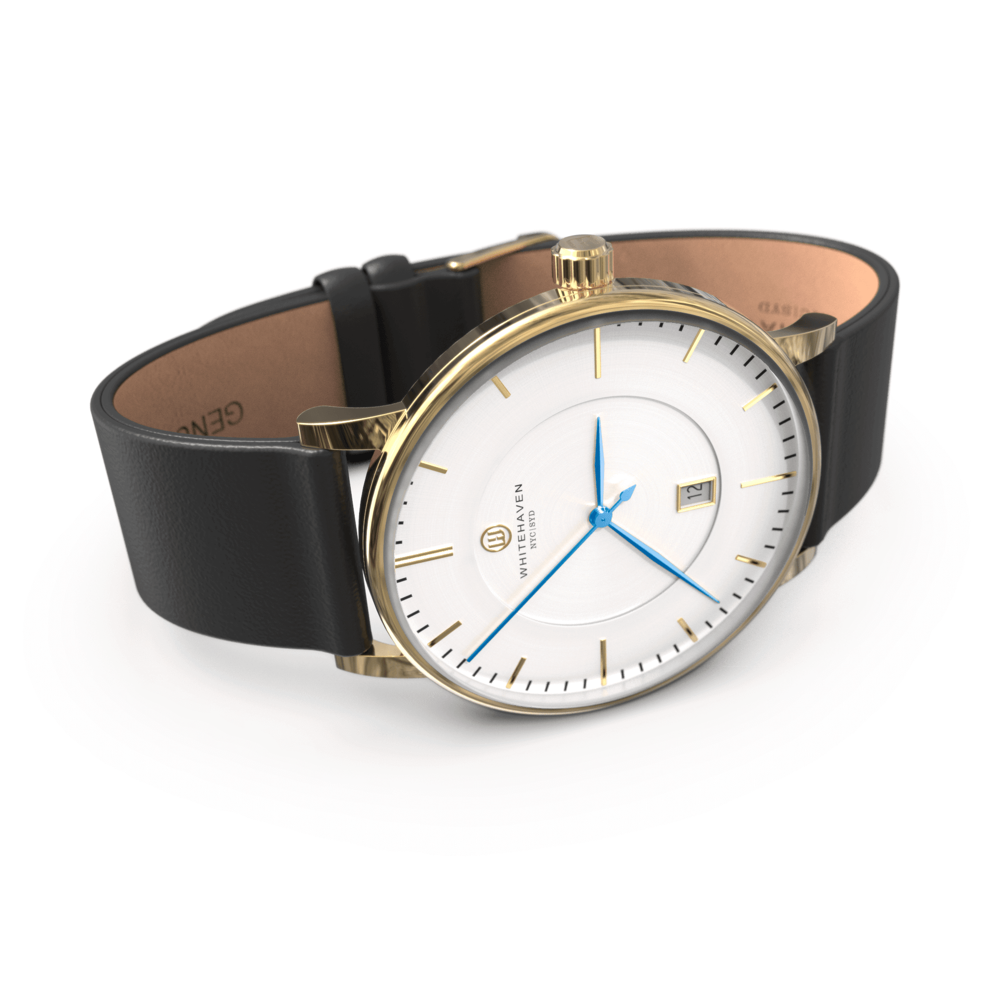 Montre Whitehaven modèle Darling vue de profil, boîtier or, cadran blanc, bracelet en cuir noir et aiguilles bleues
