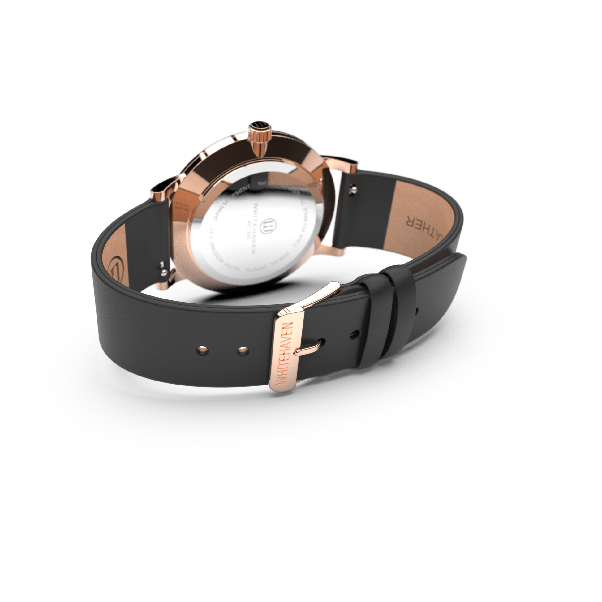 Vue arrière de la montre Darling Whitehaven, boîtier finition or rose et bracelet en cuir noir avec boucle gravée Whitehaven