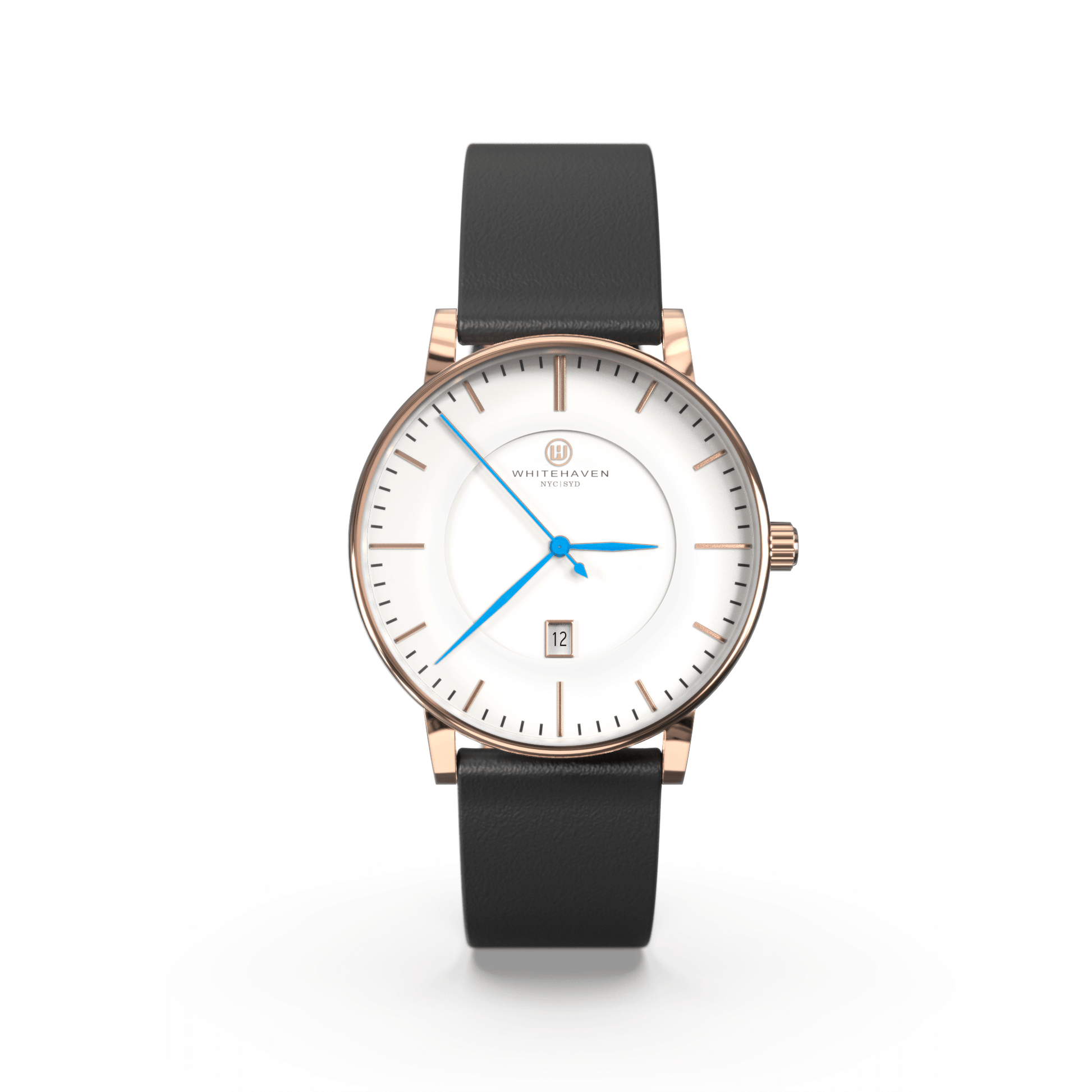 Montre femme Darling Whitehaven avec cadran blanc, boîtier finition or rose, bracelet en cuir noir et aiguilles bleues – vue de face