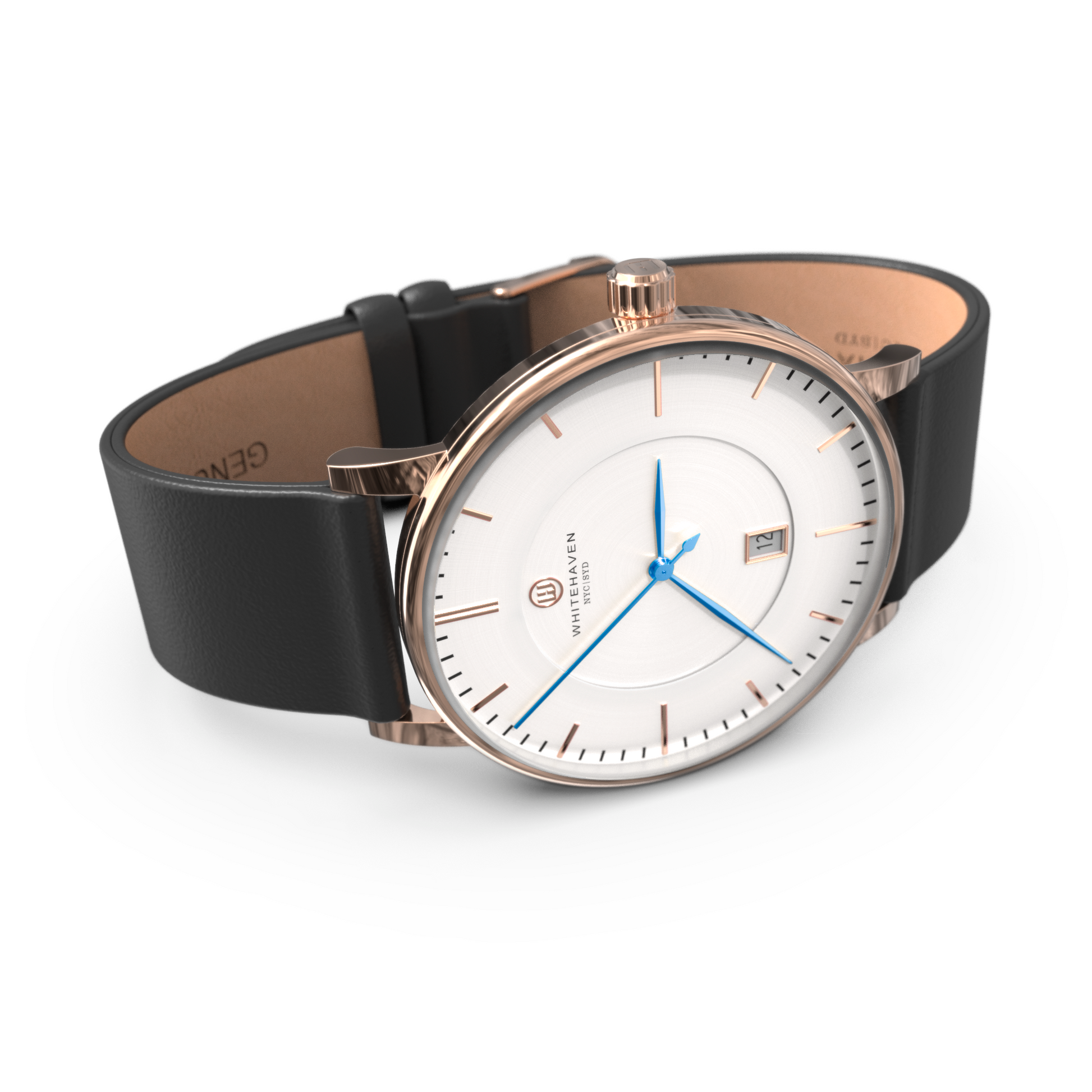 Montre Darling Whitehaven vue de profil, boîtier or rose, cadran blanc, bracelet en cuir noir et aiguilles bleues – angle latéral élégant