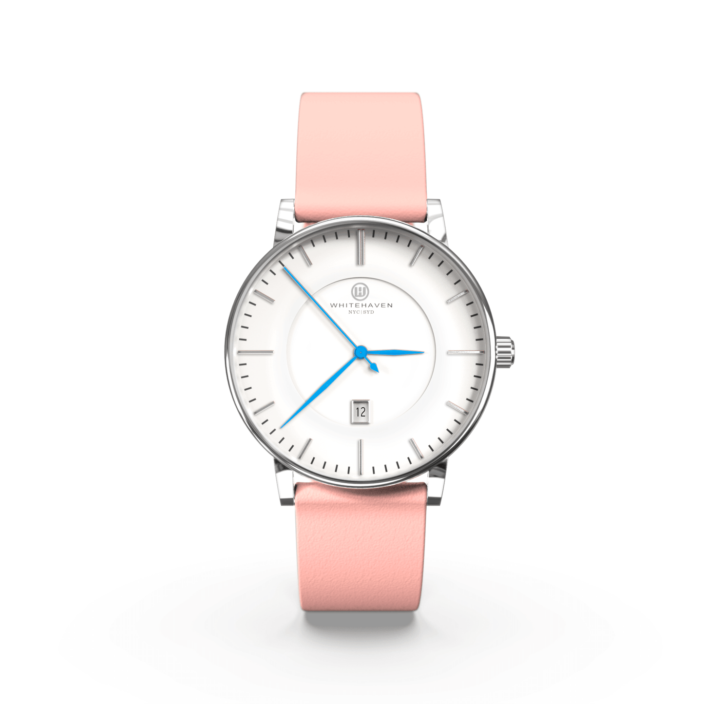 Montre femme Darling Whitehaven avec cadran blanc, finition argent, bracelet cuir lisse rose clair et aiguilles bleues – vue de face
