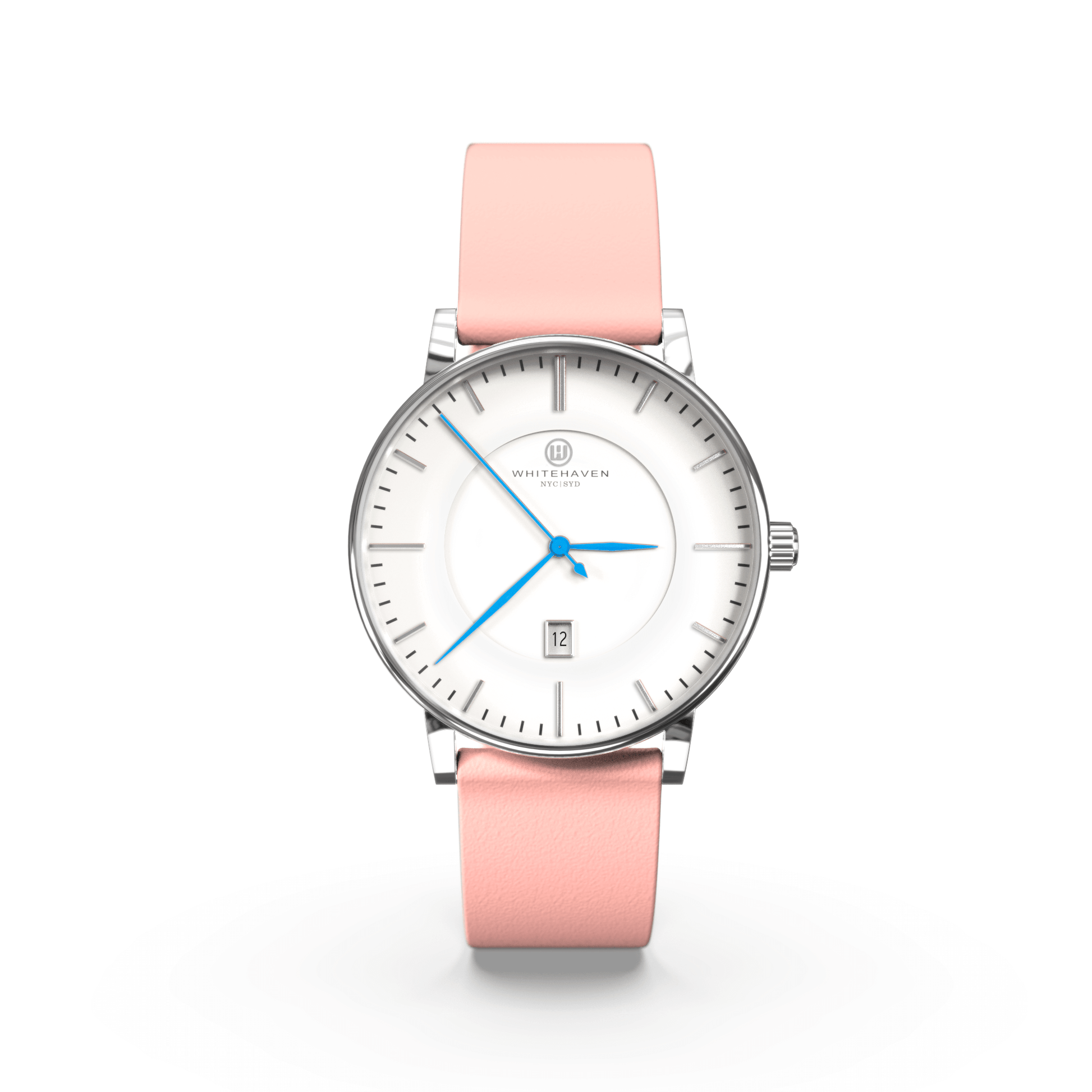 Montre femme Darling Whitehaven avec cadran blanc, finition argent, bracelet cuir lisse rose clair et aiguilles bleues – vue de face