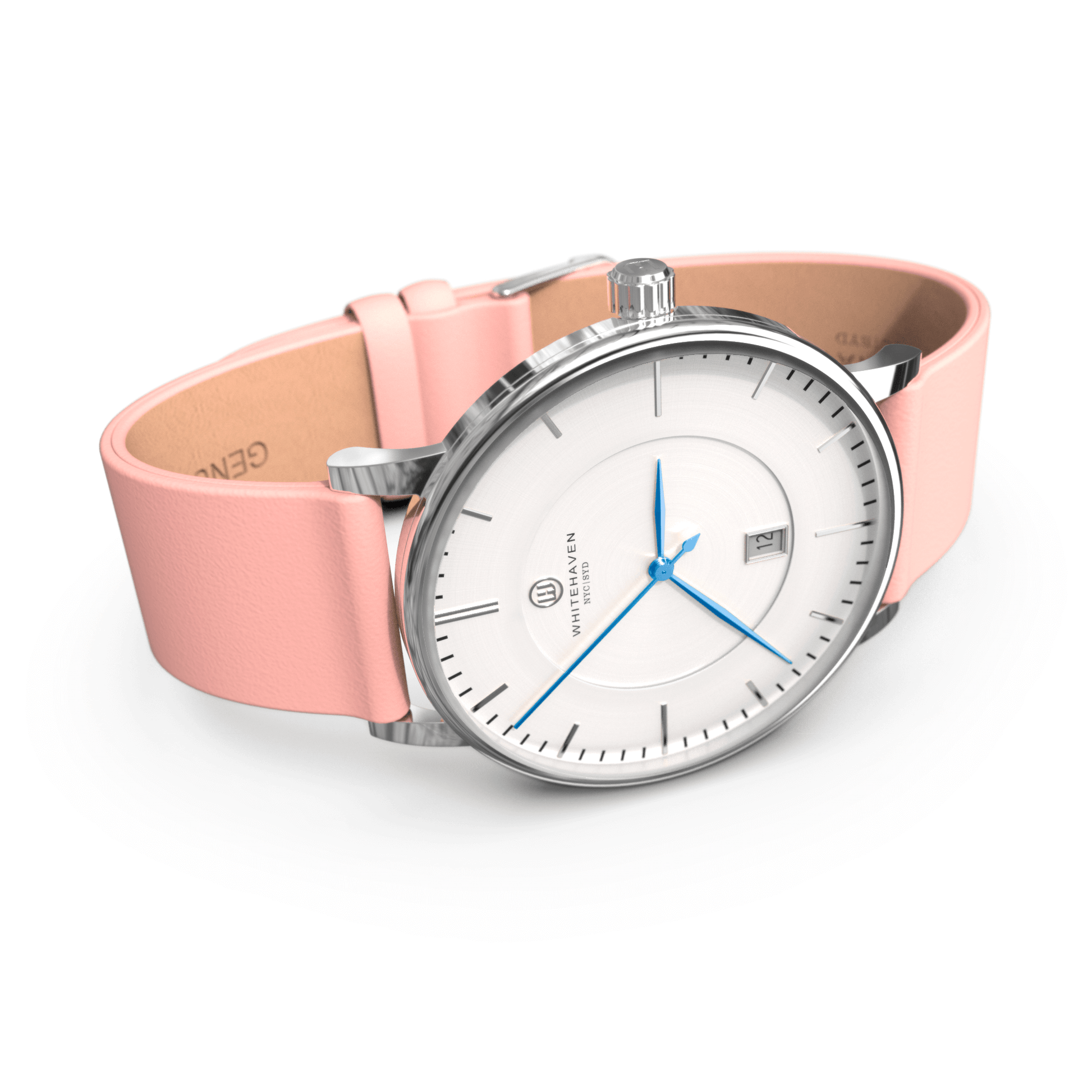 Montre femme Darling Whitehaven avec cadran blanc, finition argent, bracelet cuir rose clair et aiguilles bleues – vue en perspective