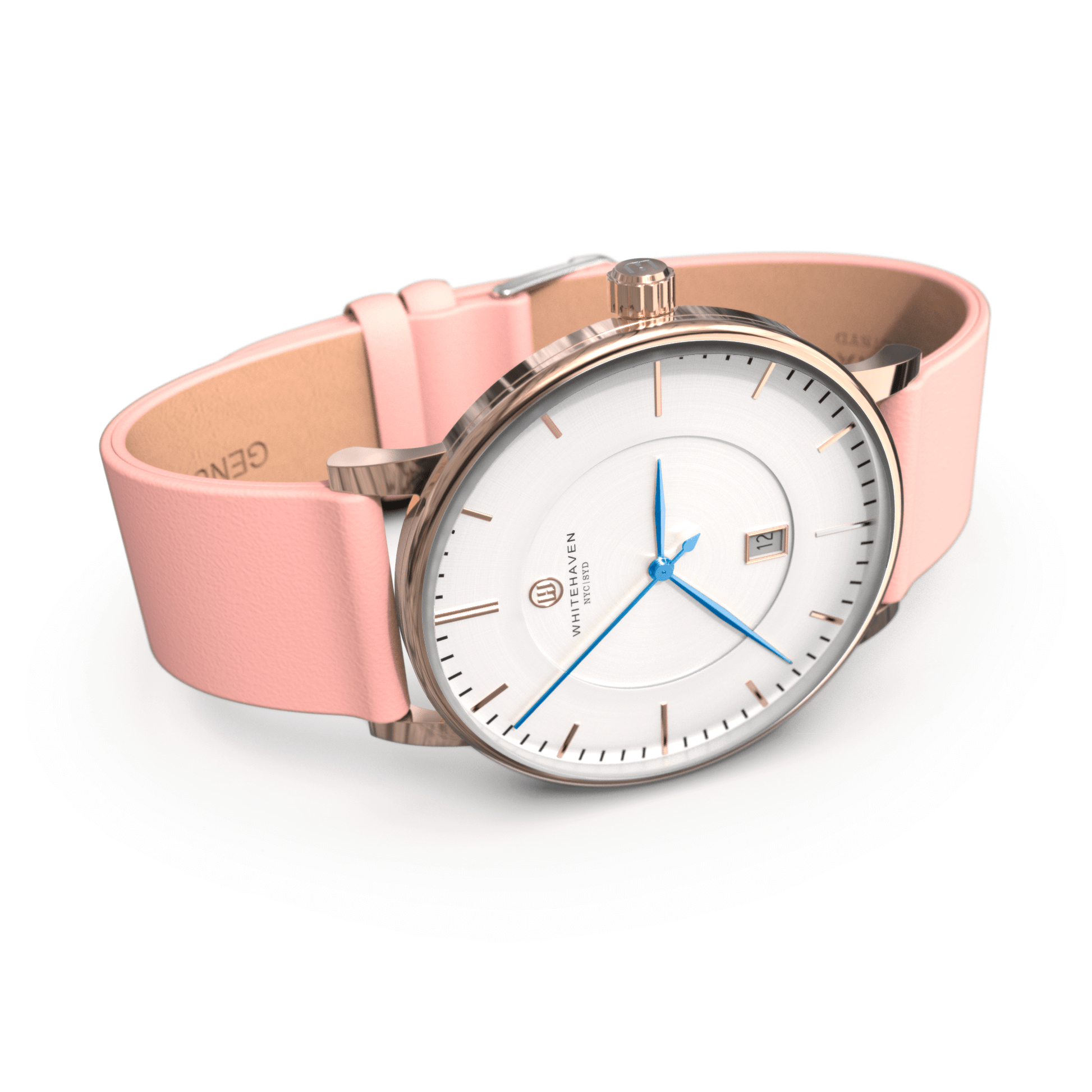 Montre pour femme Darling Whitehaven avec bracelet cuir rose clair, cadran blanc et boîtier rose gold – vue de profil incliné