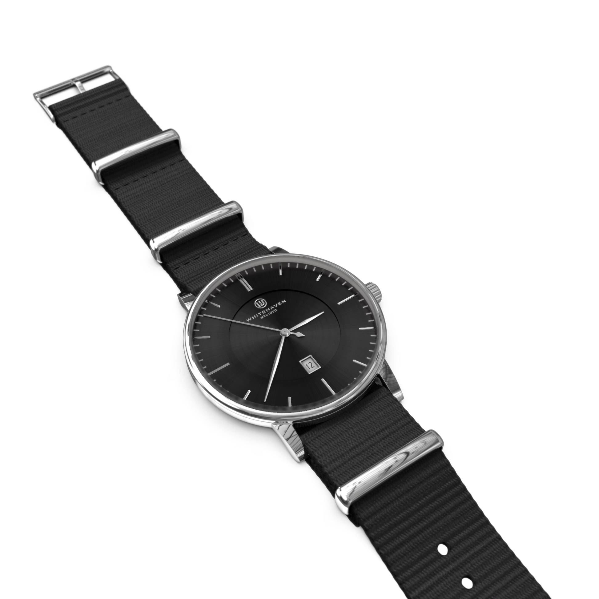 Montre Diamantina posée à plat, cadran noir et bracelet NATO – design sobre et épuré