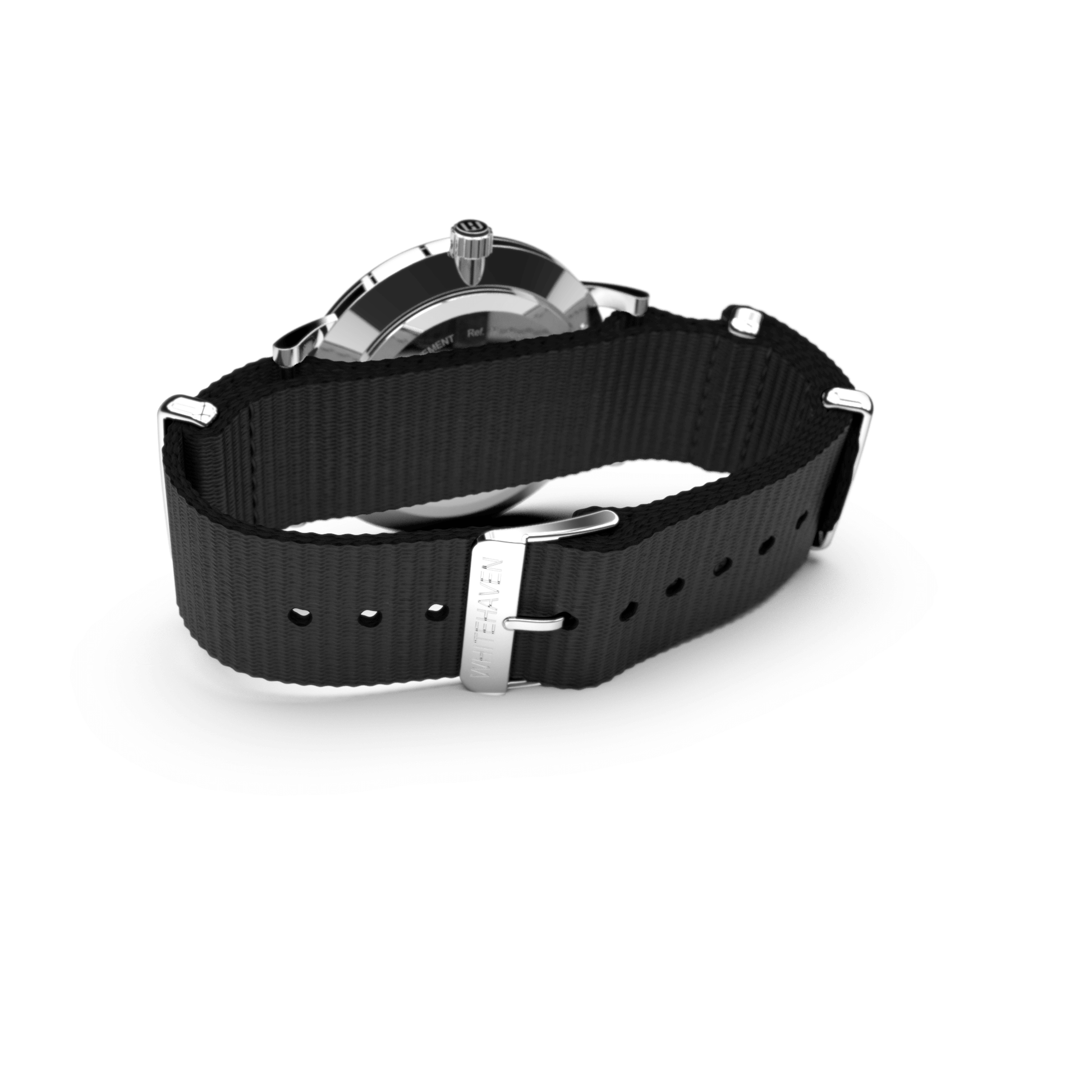Vue arrière de la montre Diamantina avec boucle argentée gravée Whitehaven et bracelet NATO noir