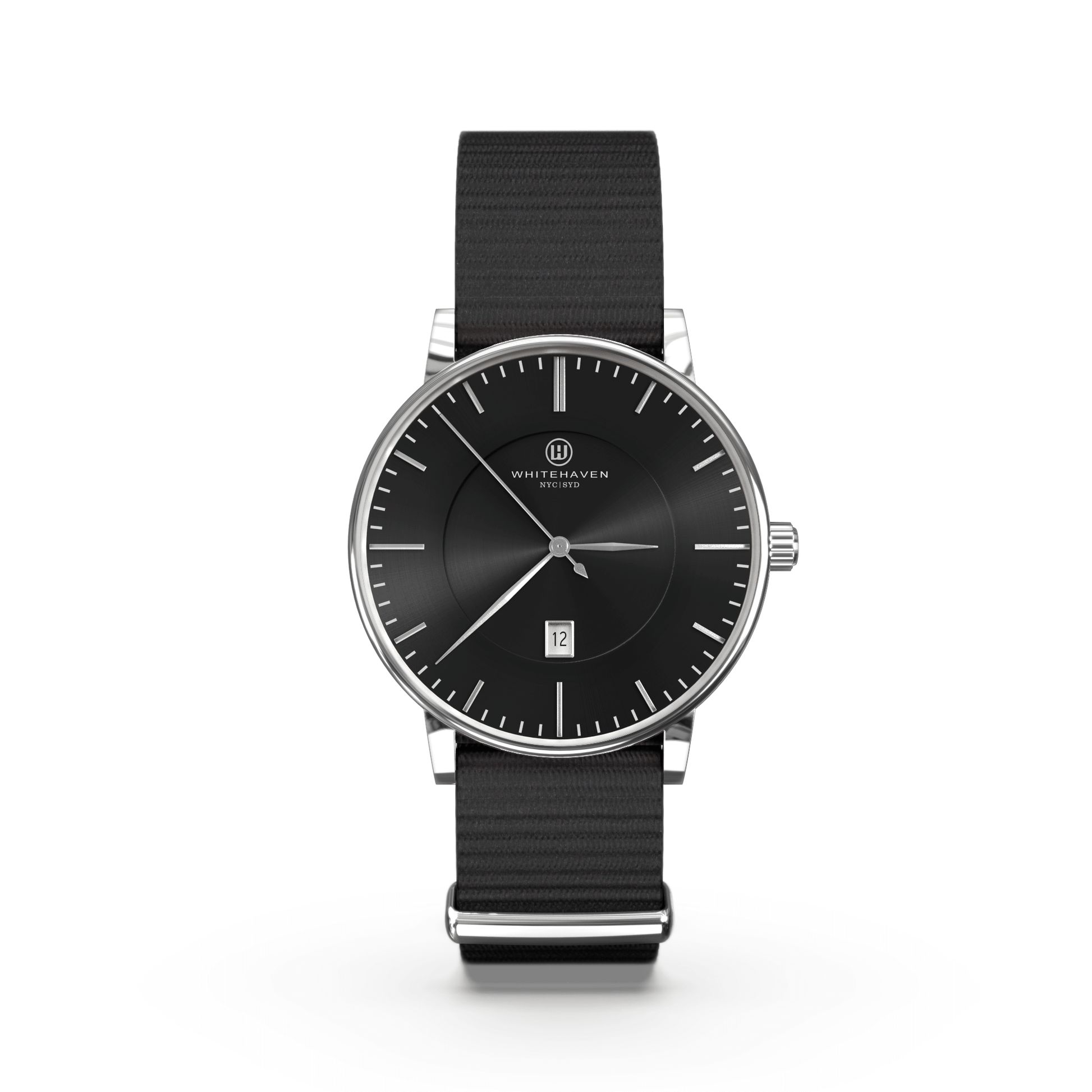 Montre Diamantina Whitehaven avec cadran noir, boîtier finition argent et bracelet NATO noir – vue de face