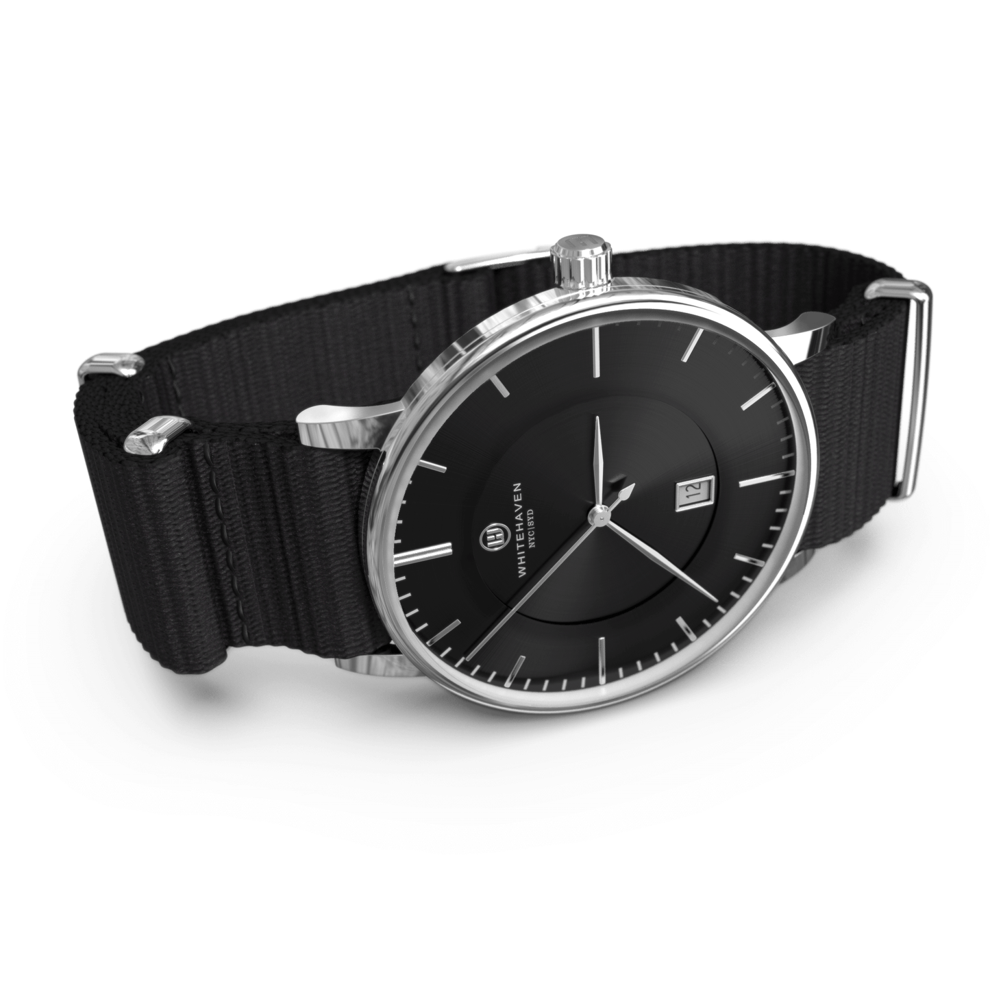 Montre Diamantina vue de profil avec boîtier finition argent, cadran noir et bracelet NATO noir – style minimaliste