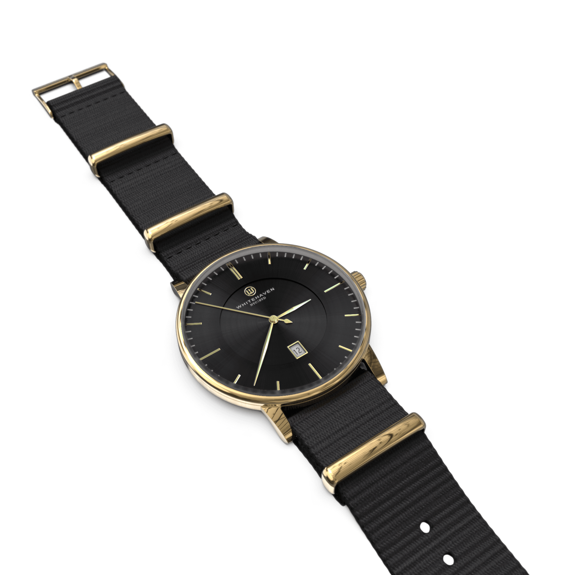 Montre Diamantina Whitehaven posée à plat avec bracelet NATO noir, cadran noir et boîtier doré